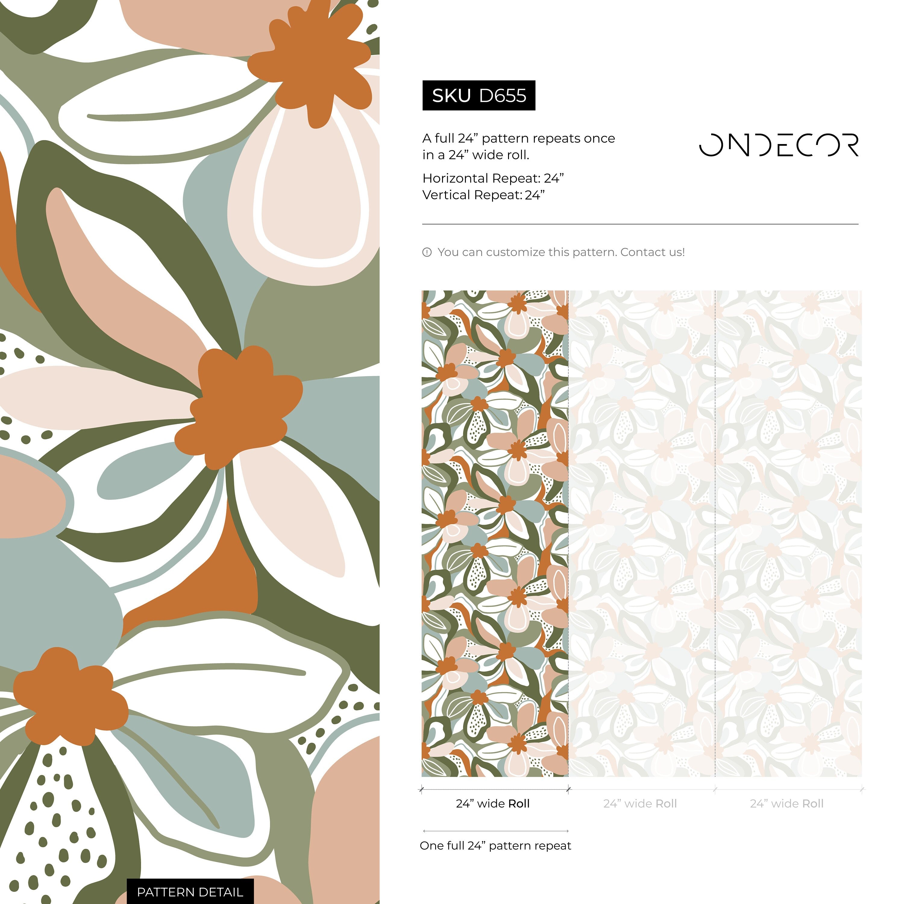 Floral Wallpaper With A Modern Abstract Motif In Green, Terracotta, And Pink - D655
