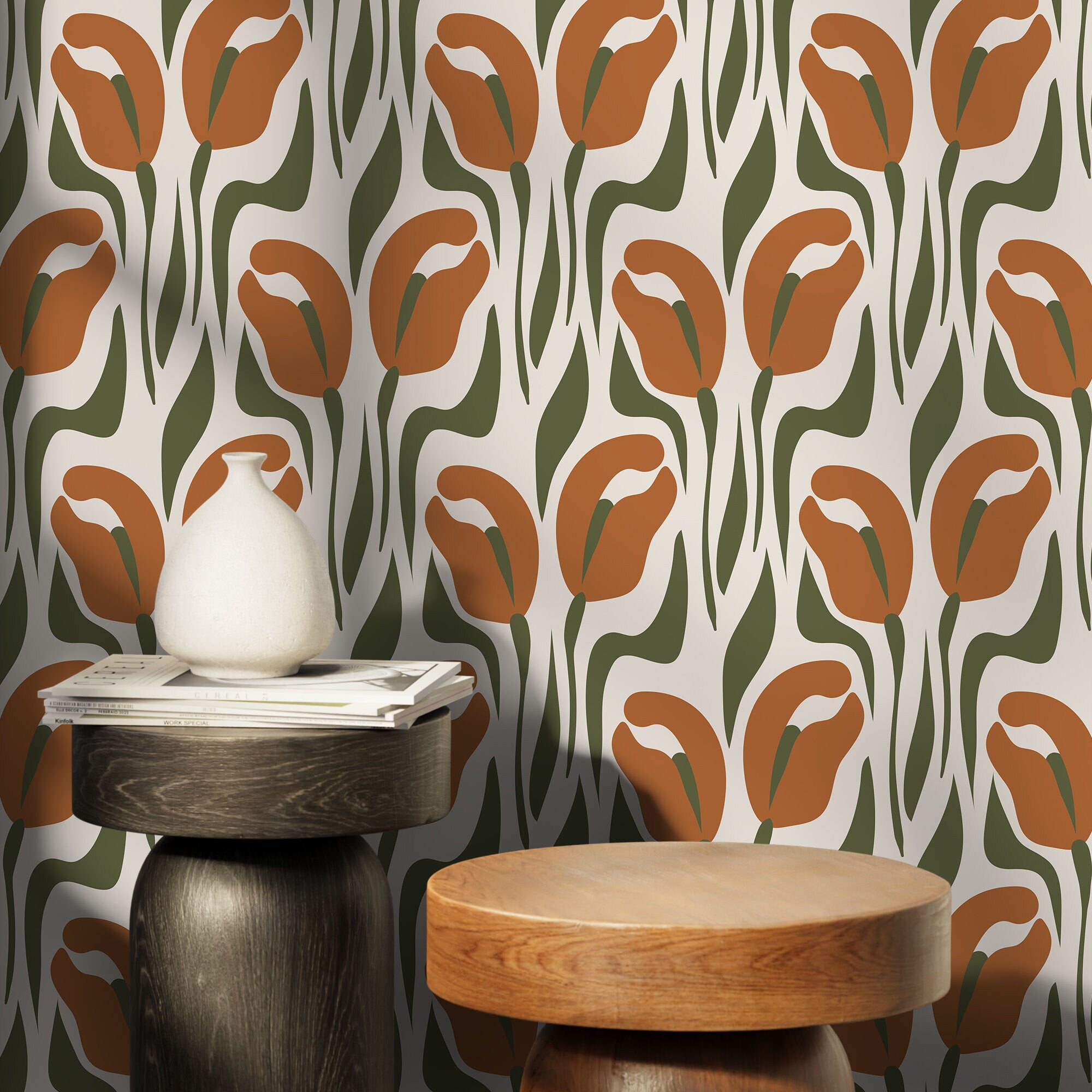 Floral Wallpaper Featuring Stylized Tulips In Terracotta And Olive Green - D653