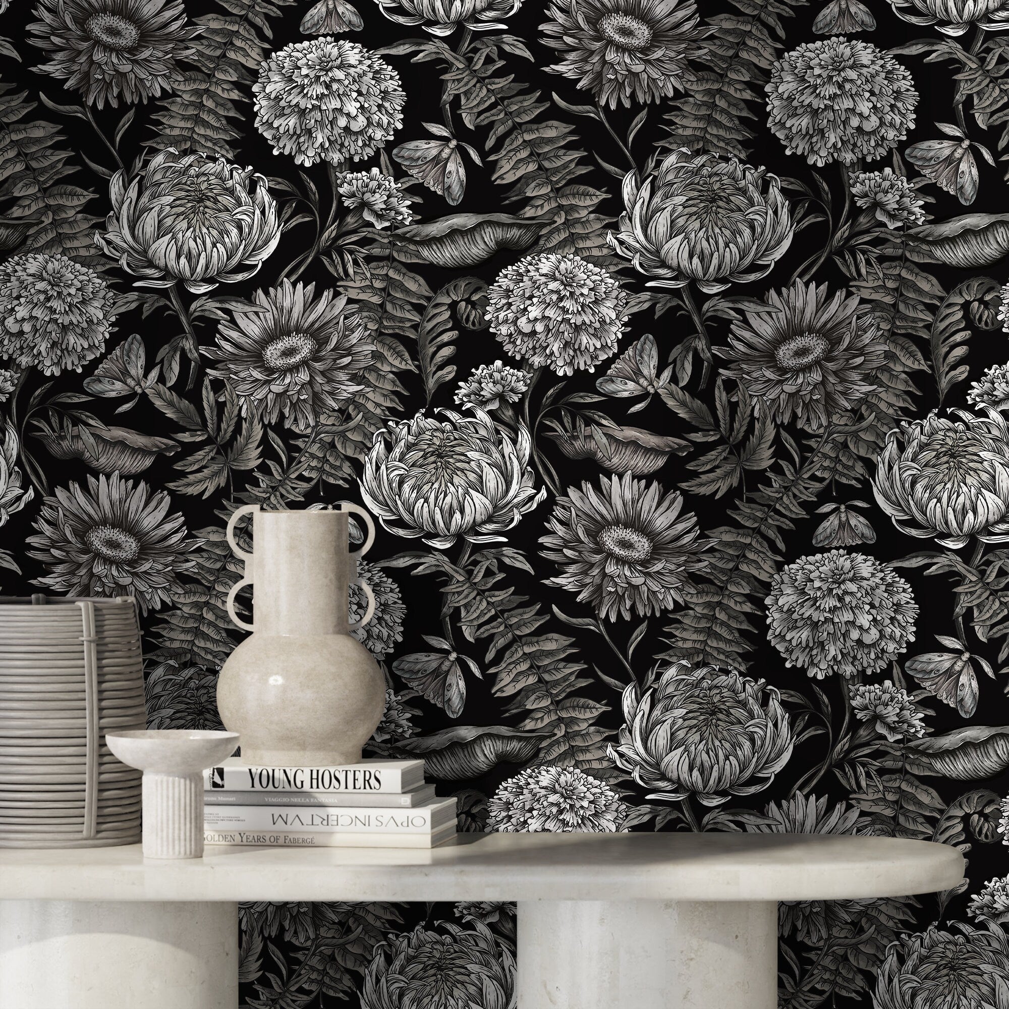 Floral Wallpaper With Intricate Chrysanthemums And Moths In Black And White - D824