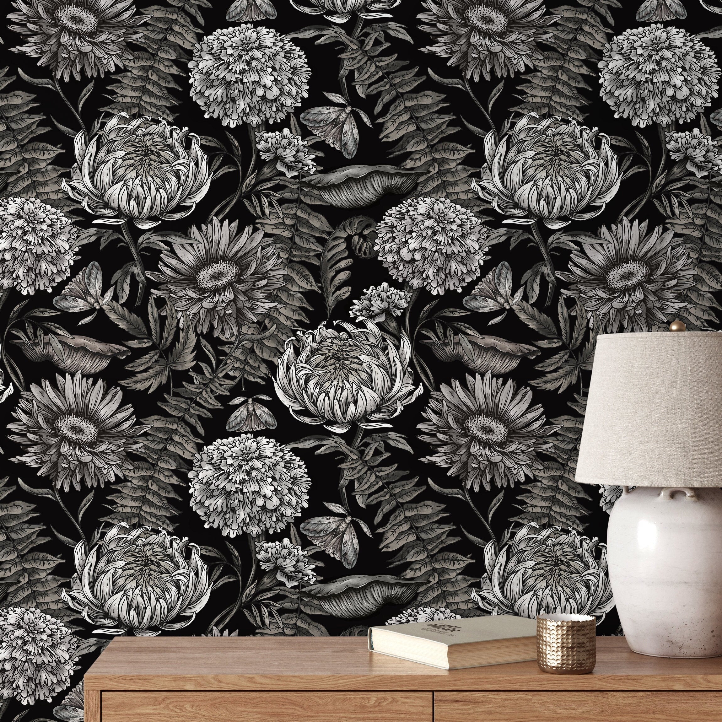 Floral Wallpaper With Intricate Chrysanthemums And Moths In Black And White - D824