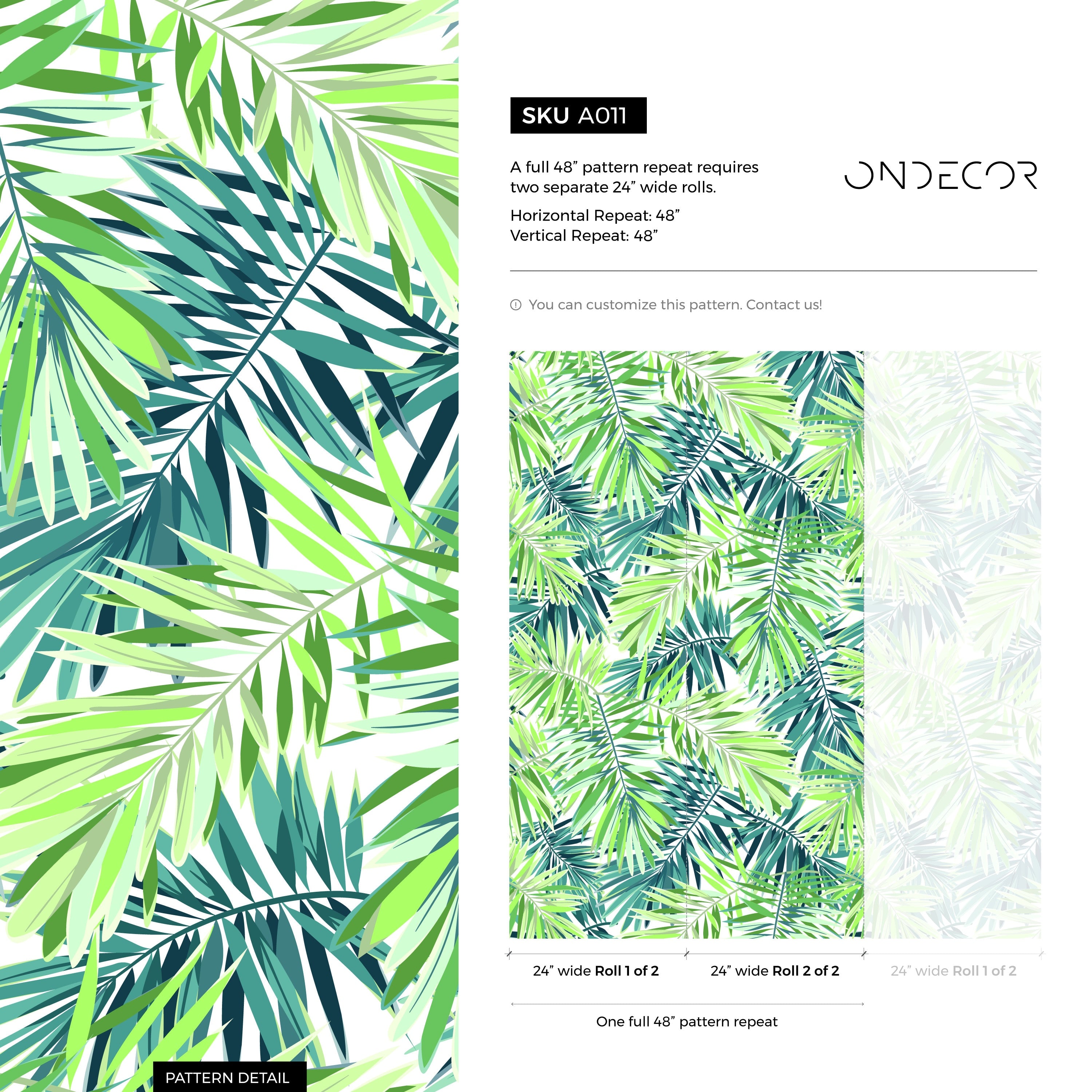 Botanical Wallpaper With Layered Palm Fronds In Green And Teal - A011