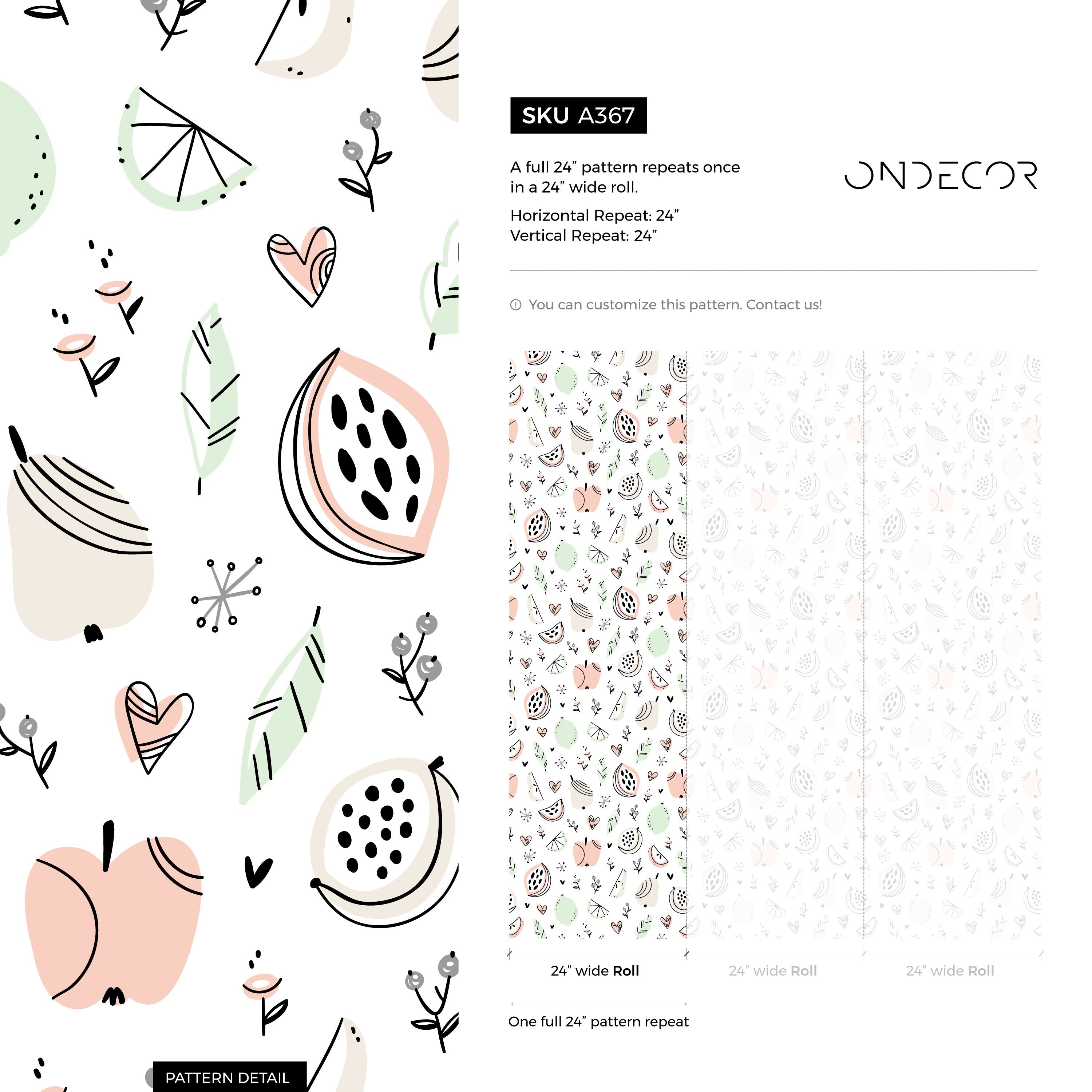 Fruit Wallpaper Featuring Hand-drawn Illustrations In Pink, Green, And Beige - A367