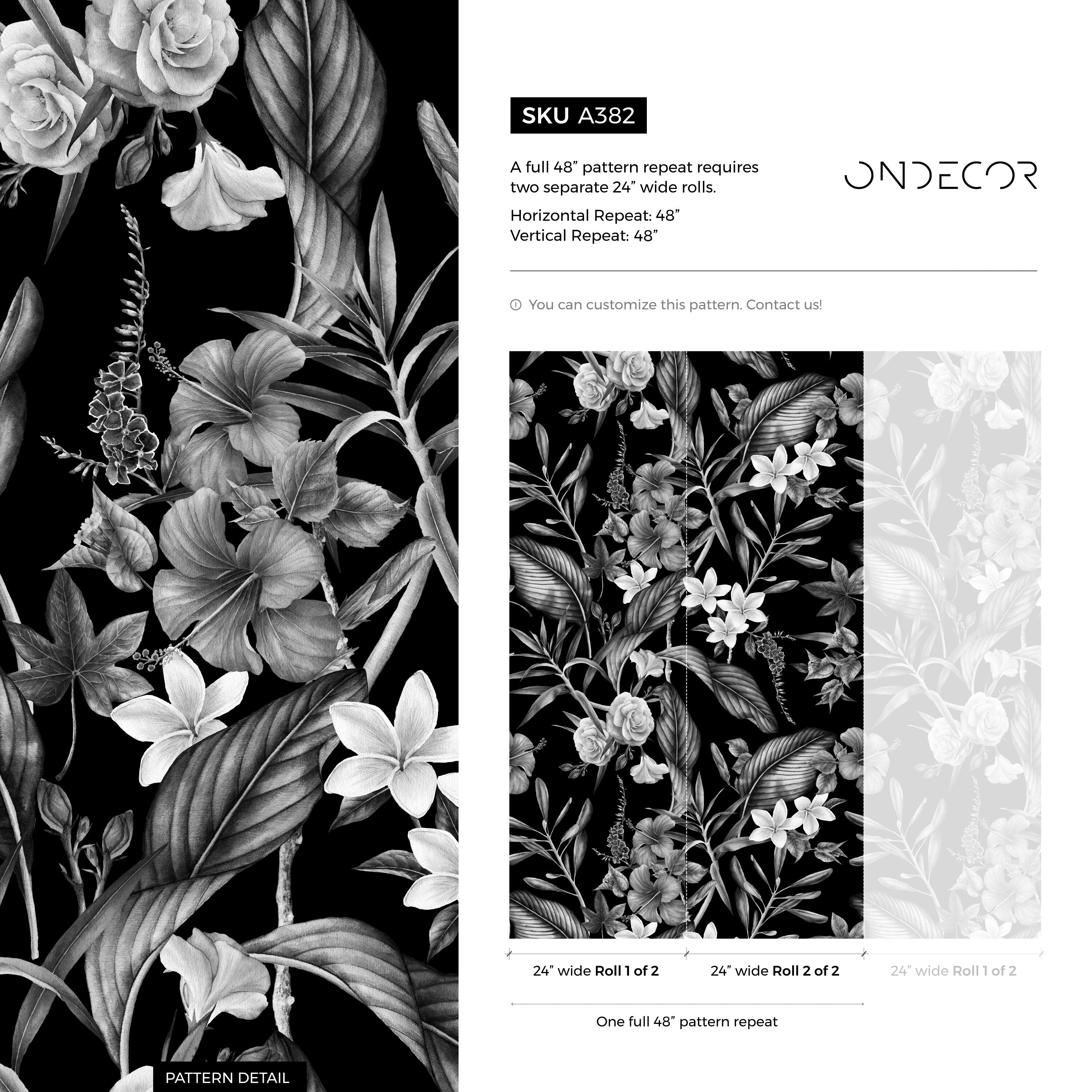 Botanical Wallpaper With Vintage Tropical Florals In Black And White - A382