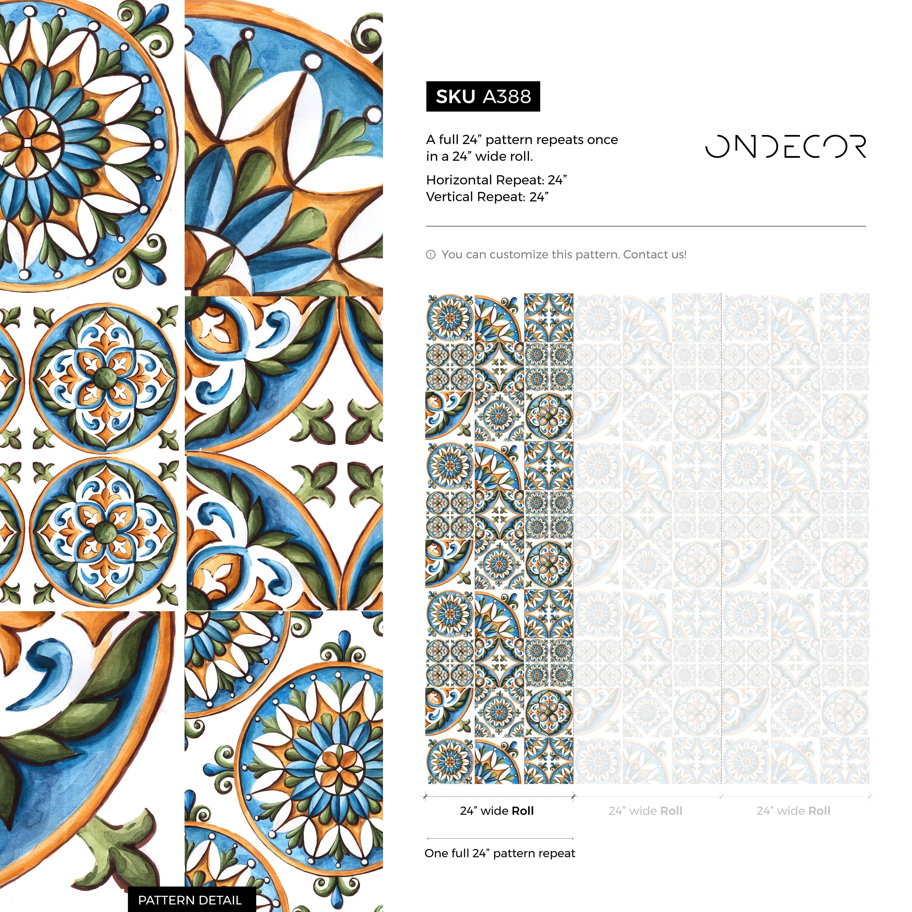 Tile Wallpaper With A Portuguese Azulejos Motif In Blue, Orange, And Green - A388
