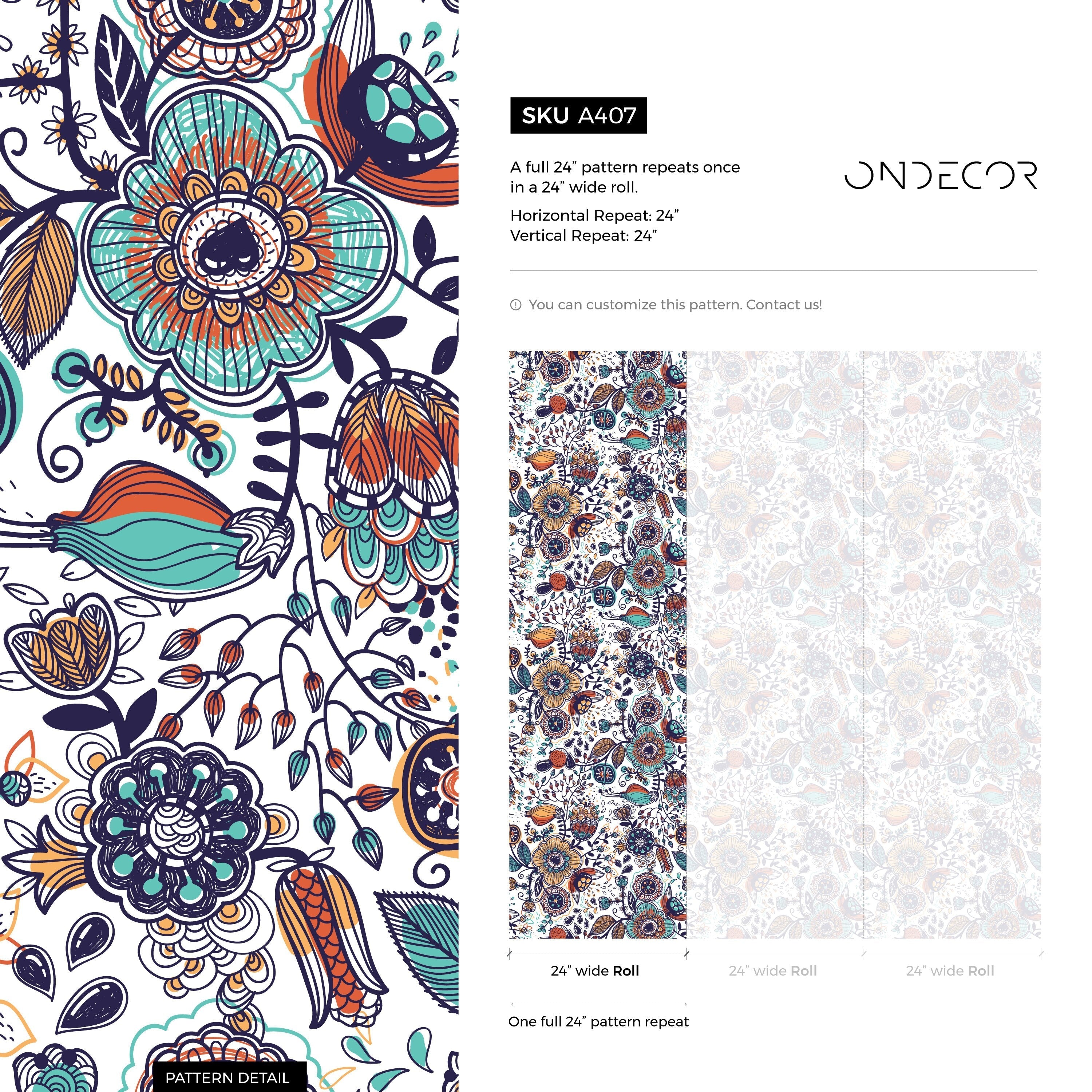 Botanical Wallpaper With Folk Art Florals In Teal, Orange, And Blue - A407