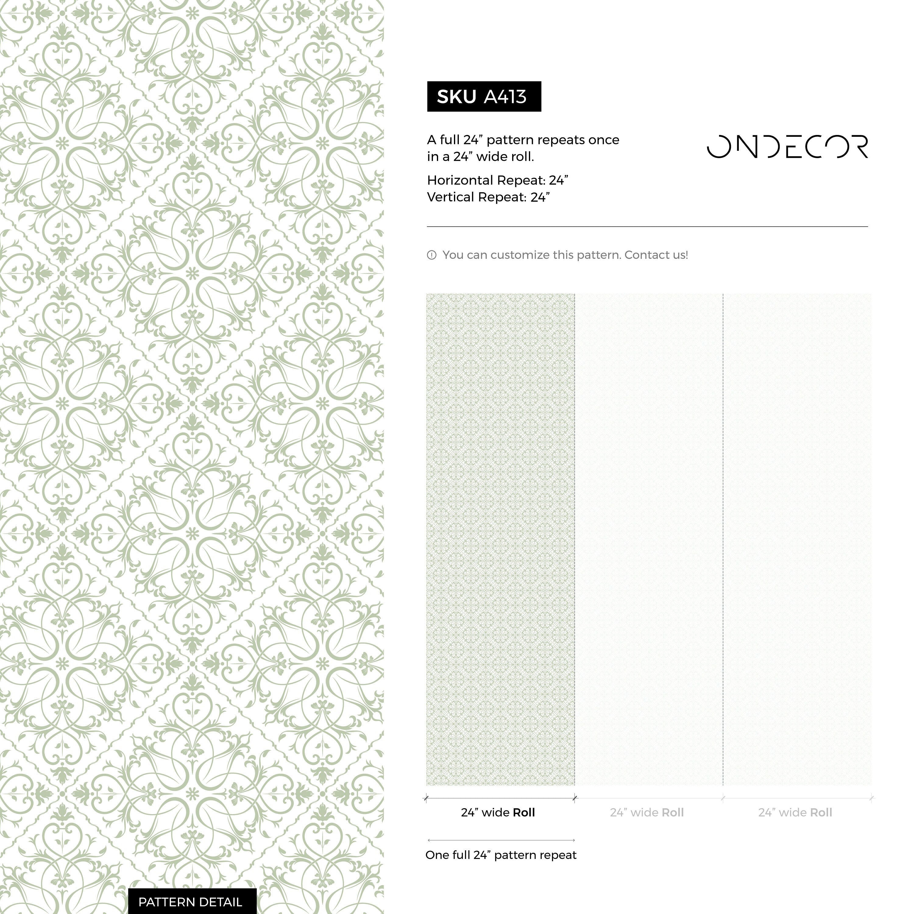 Tile Wallpaper With An Intricate Filigree Motif In Light Green - A413