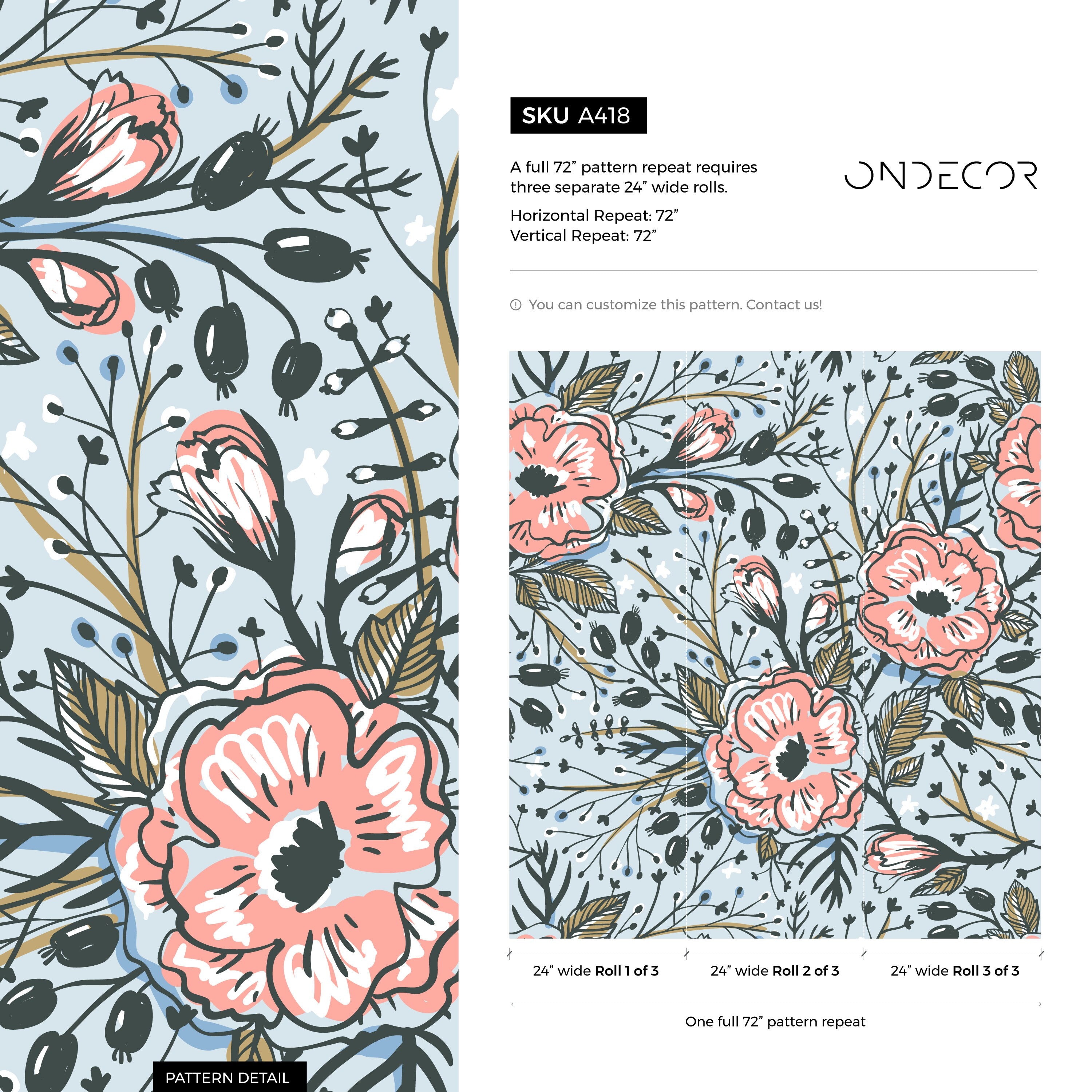Floral Wallpaper With Stylized Poppies In Pink, Blue, And Black - A418