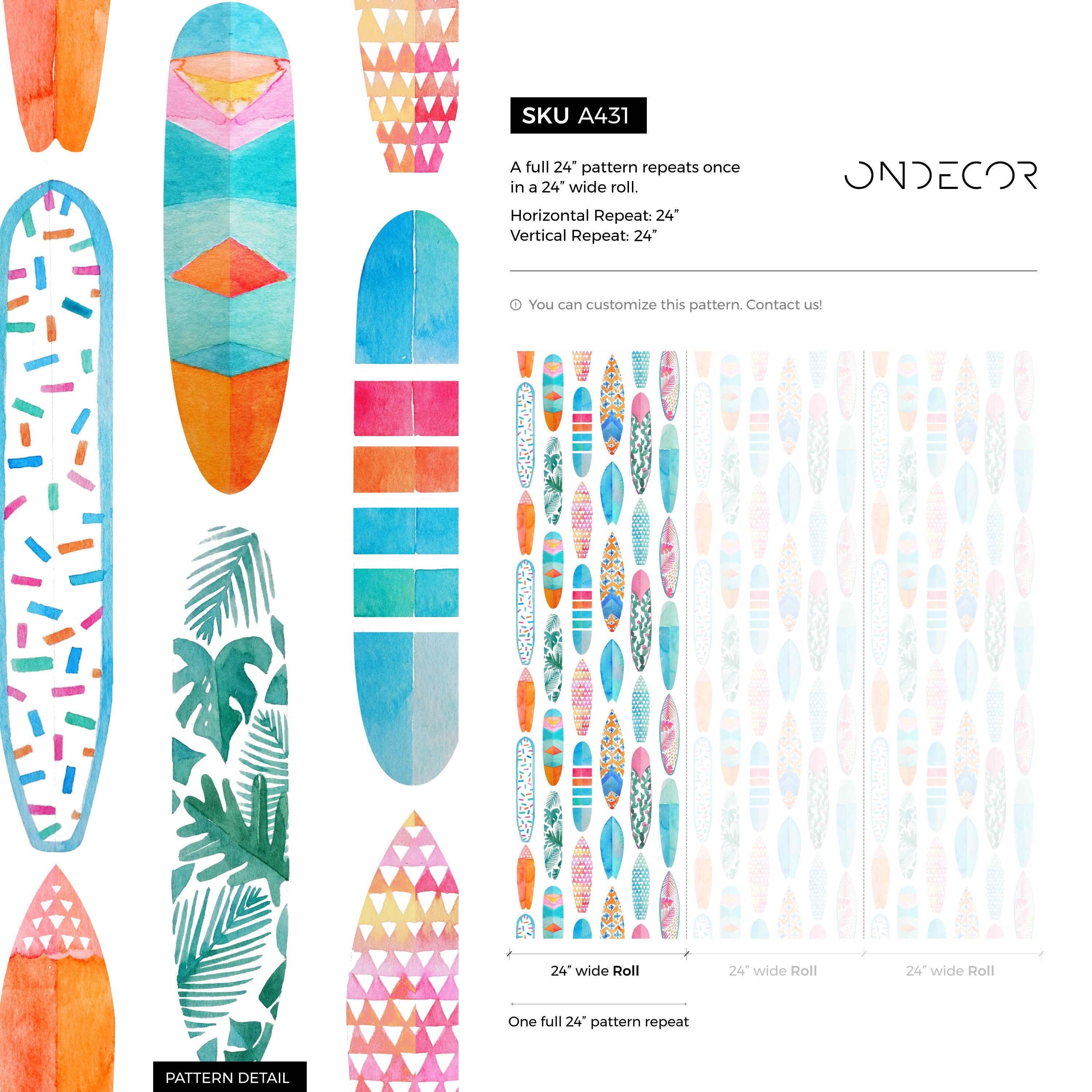 Coastal Wallpaper Featuring A Watercolor Surfboard Pattern In Blue, Pink, And Orange - A431