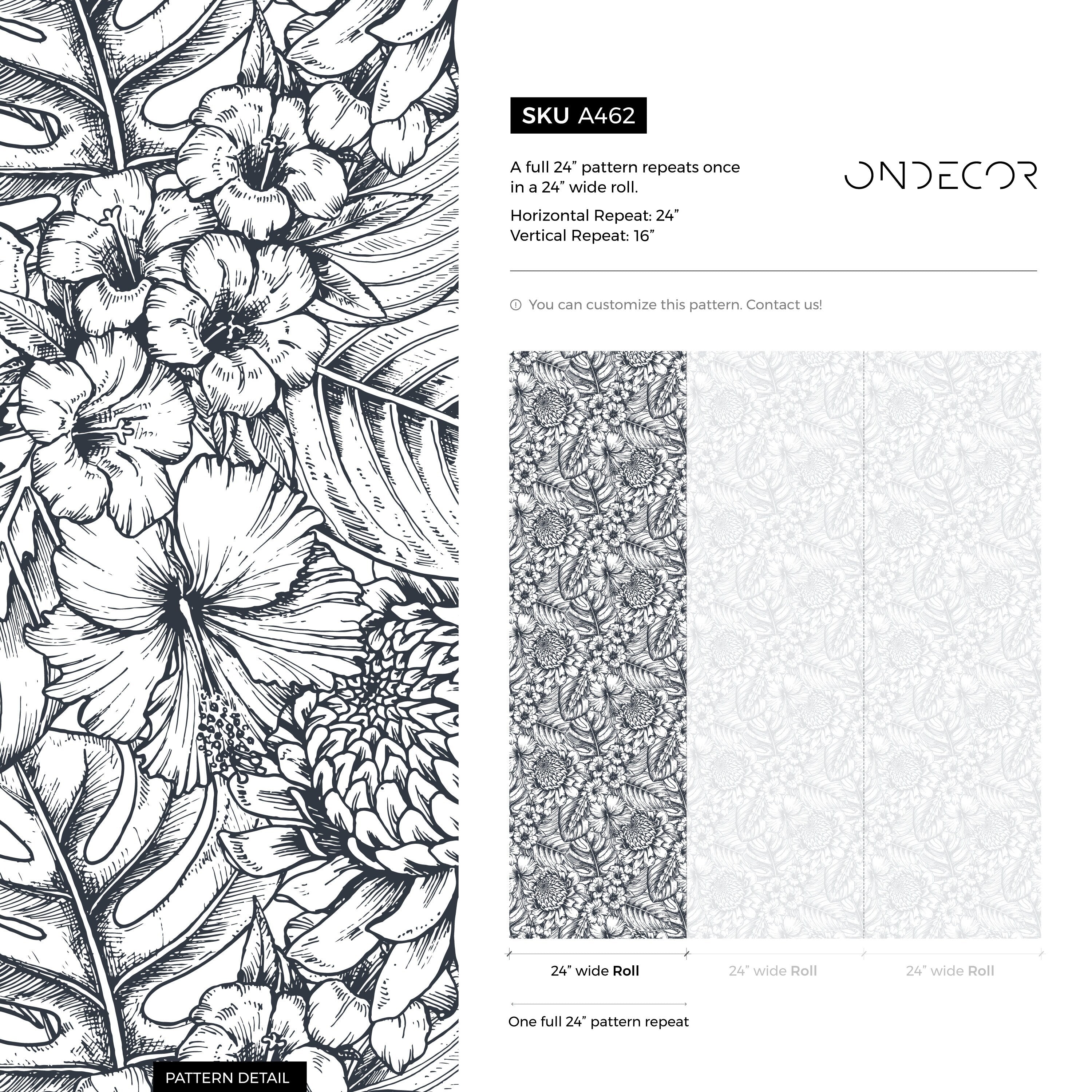 Floral Wallpaper With Hand-drawn Tropical Flowers In Black And White - A462