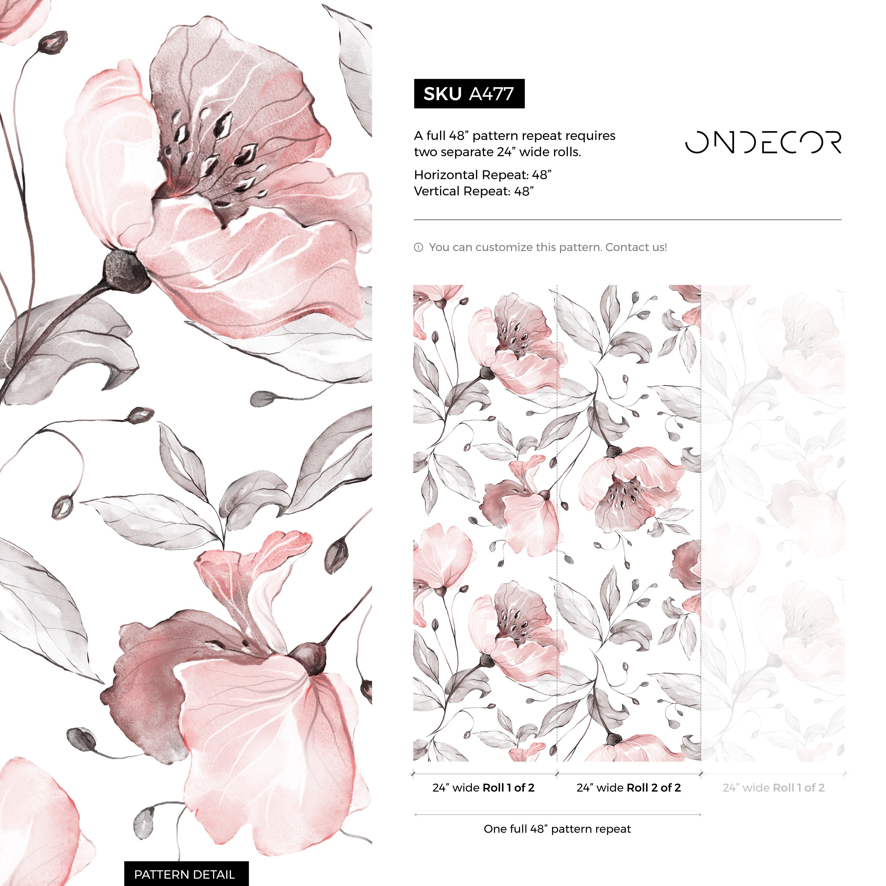 Floral Wallpaper With Elegant Watercolor Blooms In Pink And Gray - A477