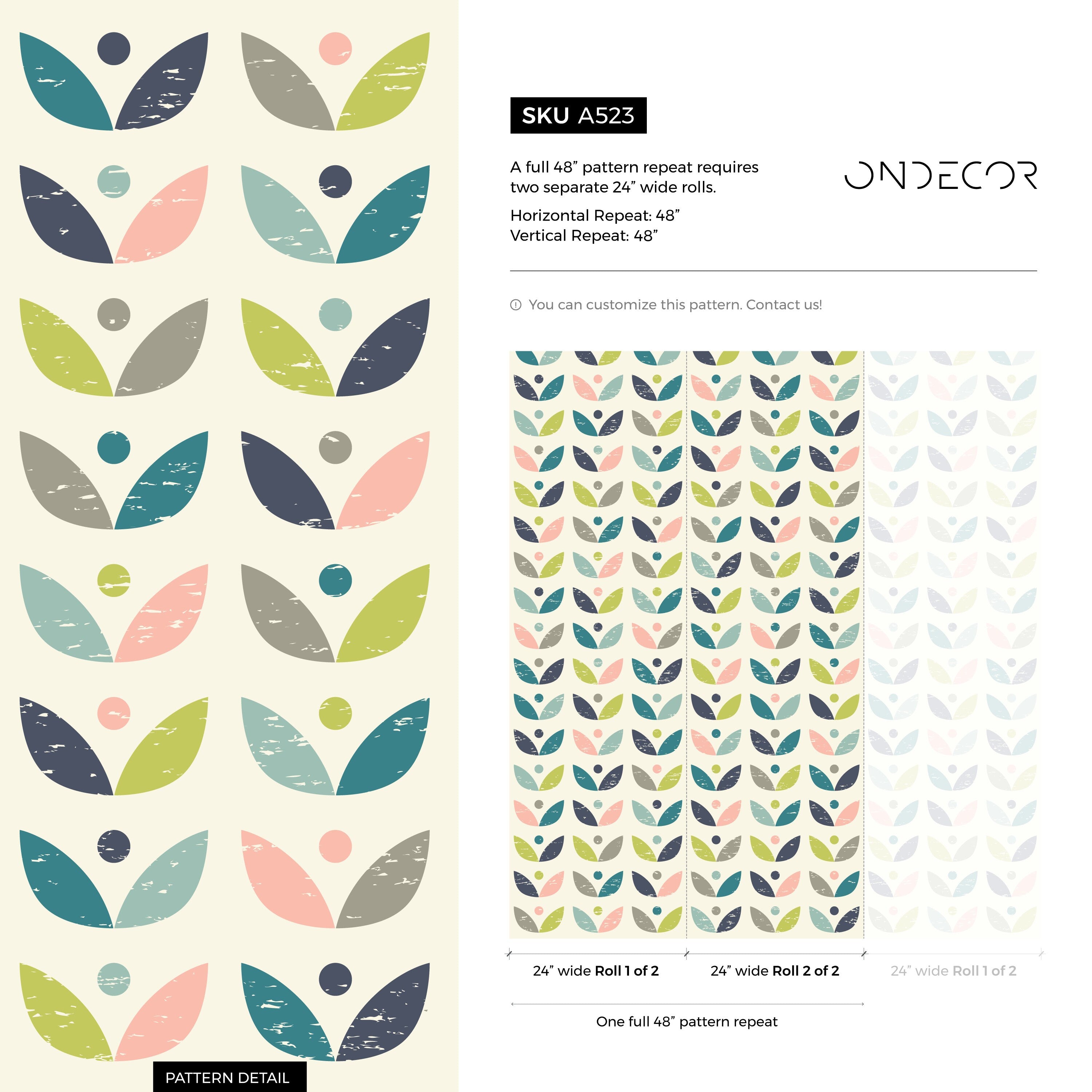 Scandinavian Wallpaper With A Geometric Petal Motif In Teal, Pink, And Green - A523