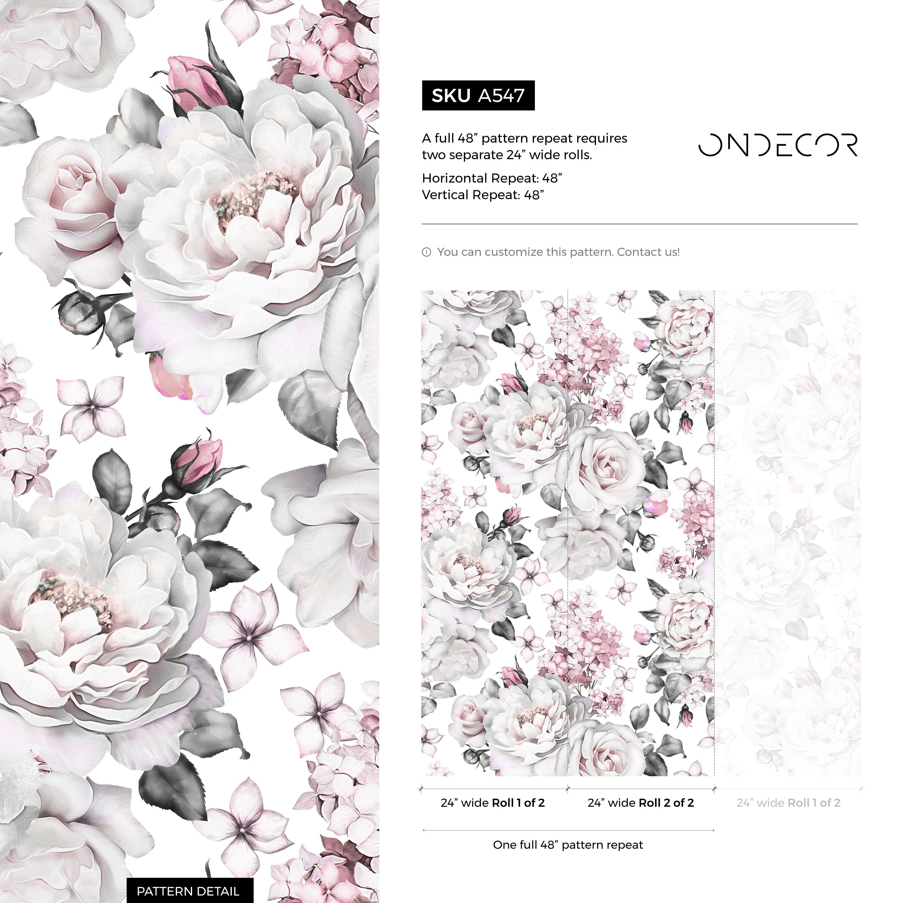 Floral Wallpaper Featuring Vintage Roses And Hydrangeas In Pink And Grey - A547