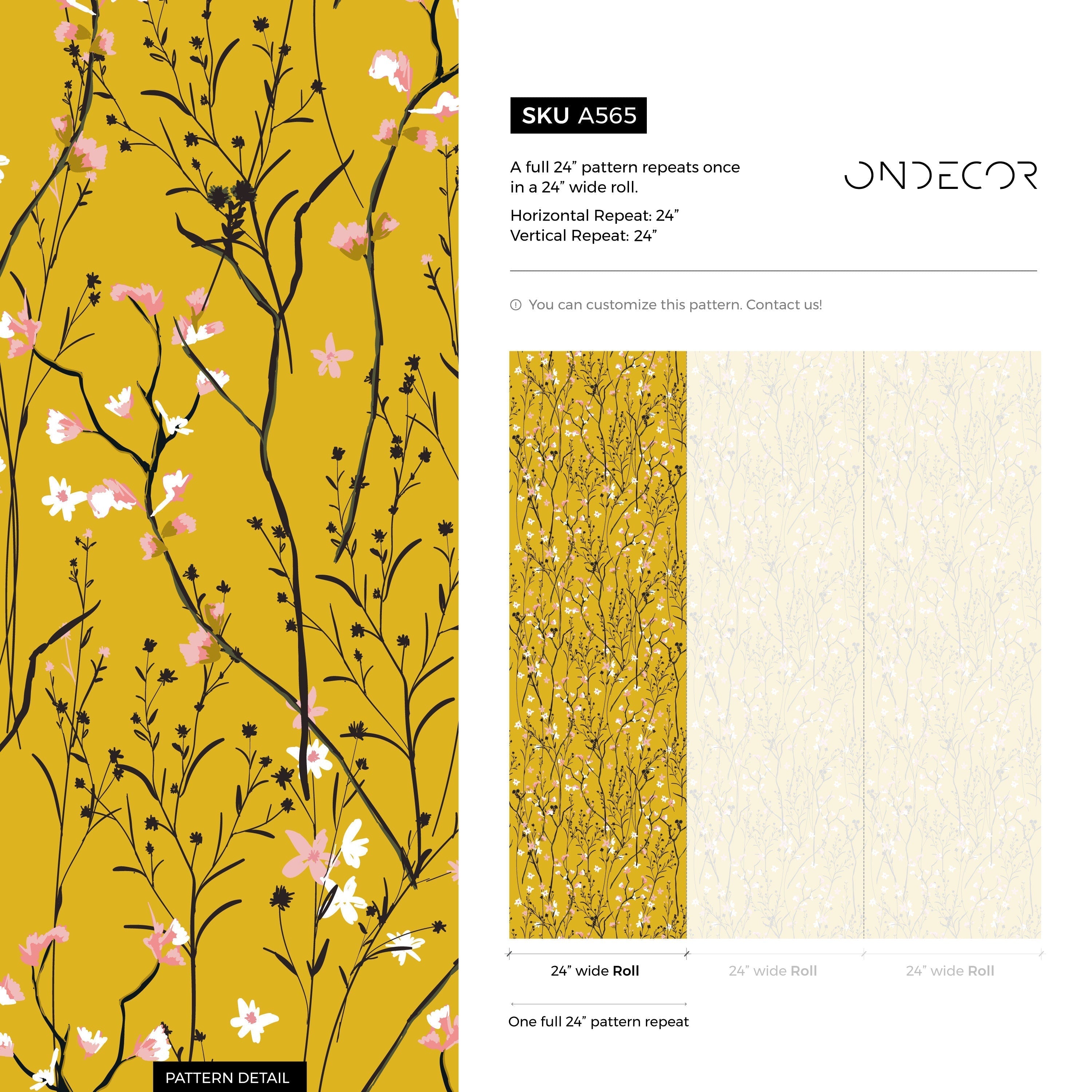 Floral Wallpaper With Delicate Wildflowers In Yellow, Pink, And Black - A565