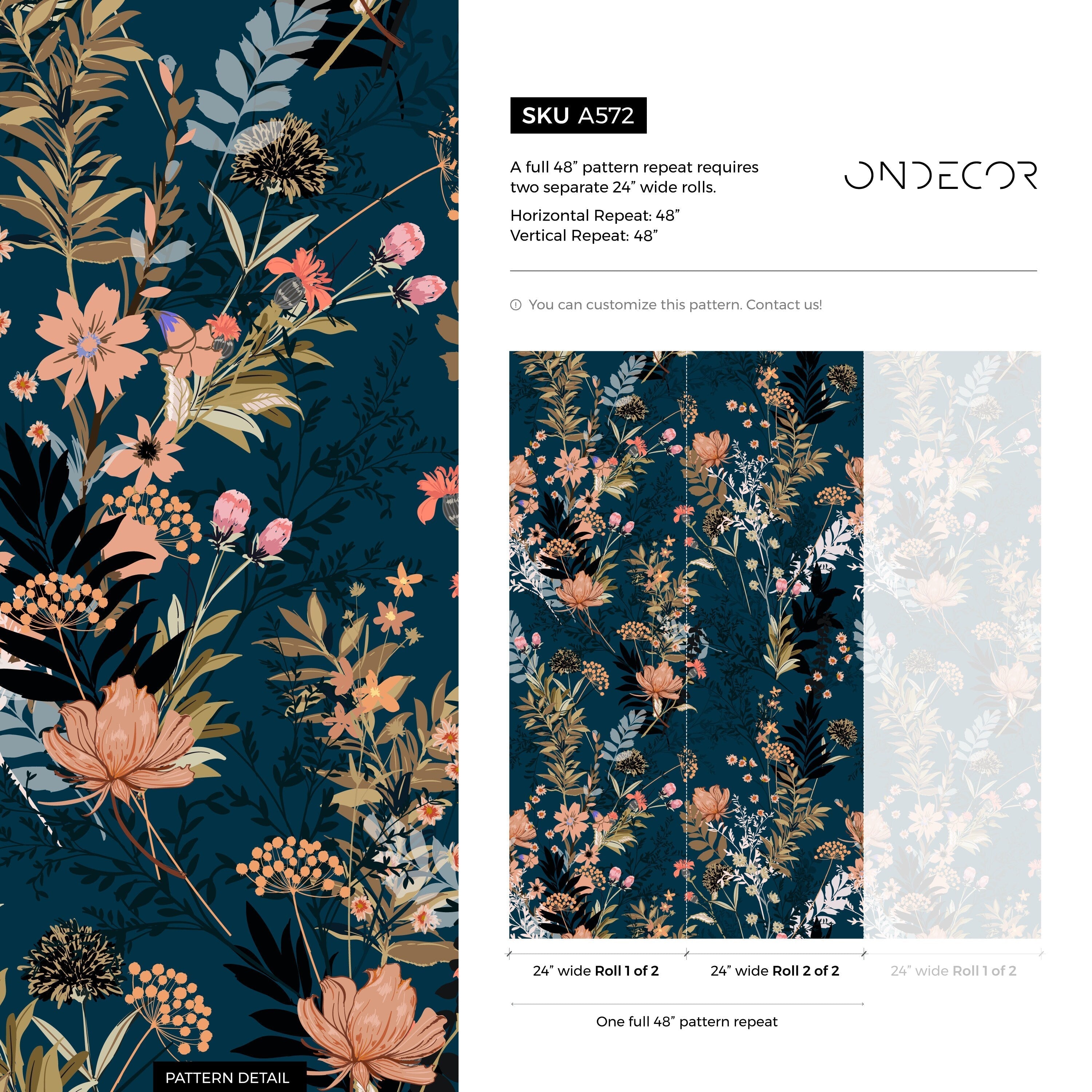 Floral Wallpaper With A Moody Wildflower Motif In Dark Teal, Pink, And Tan - A572