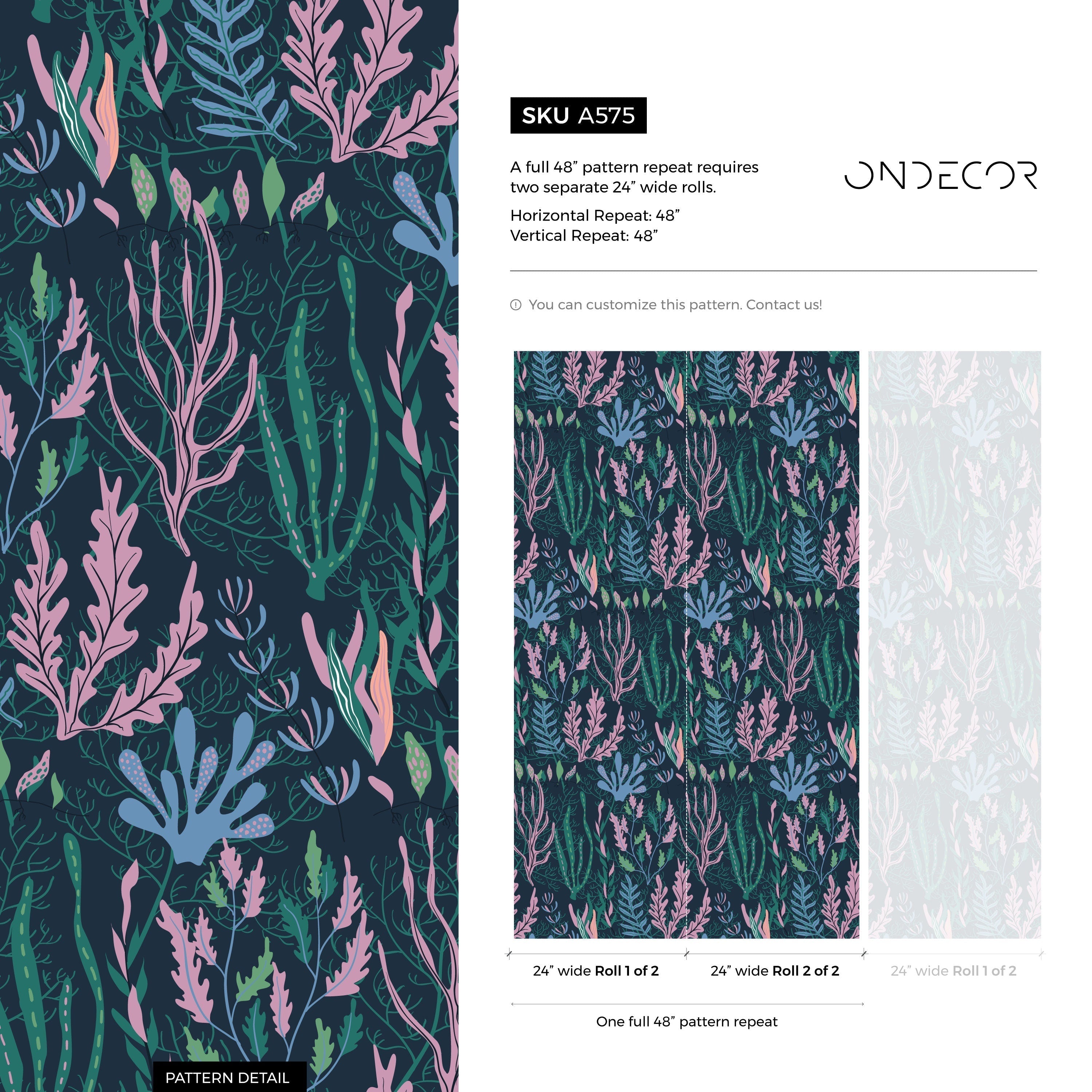 Coastal Wallpaper With A Stylized Seaweed Motif In Navy, Pink, And Green - A575
