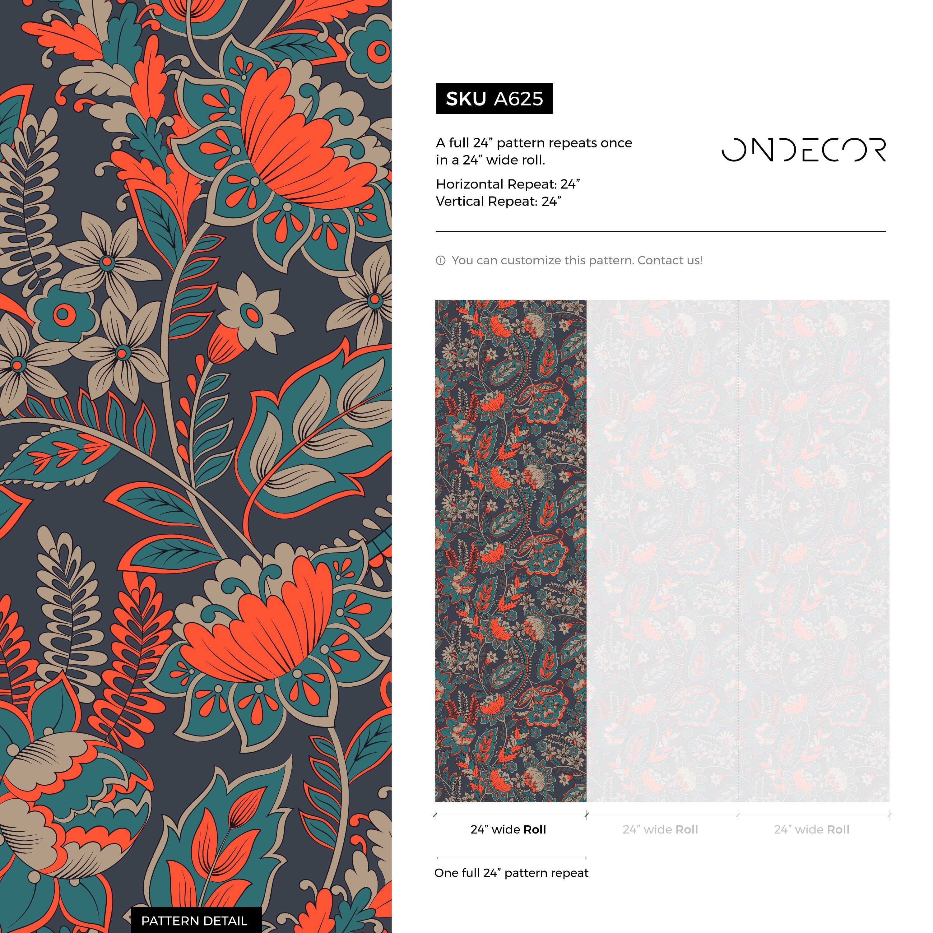 Floral Wallpaper With A Vintage Damask Motif In Orange And Teal - A625