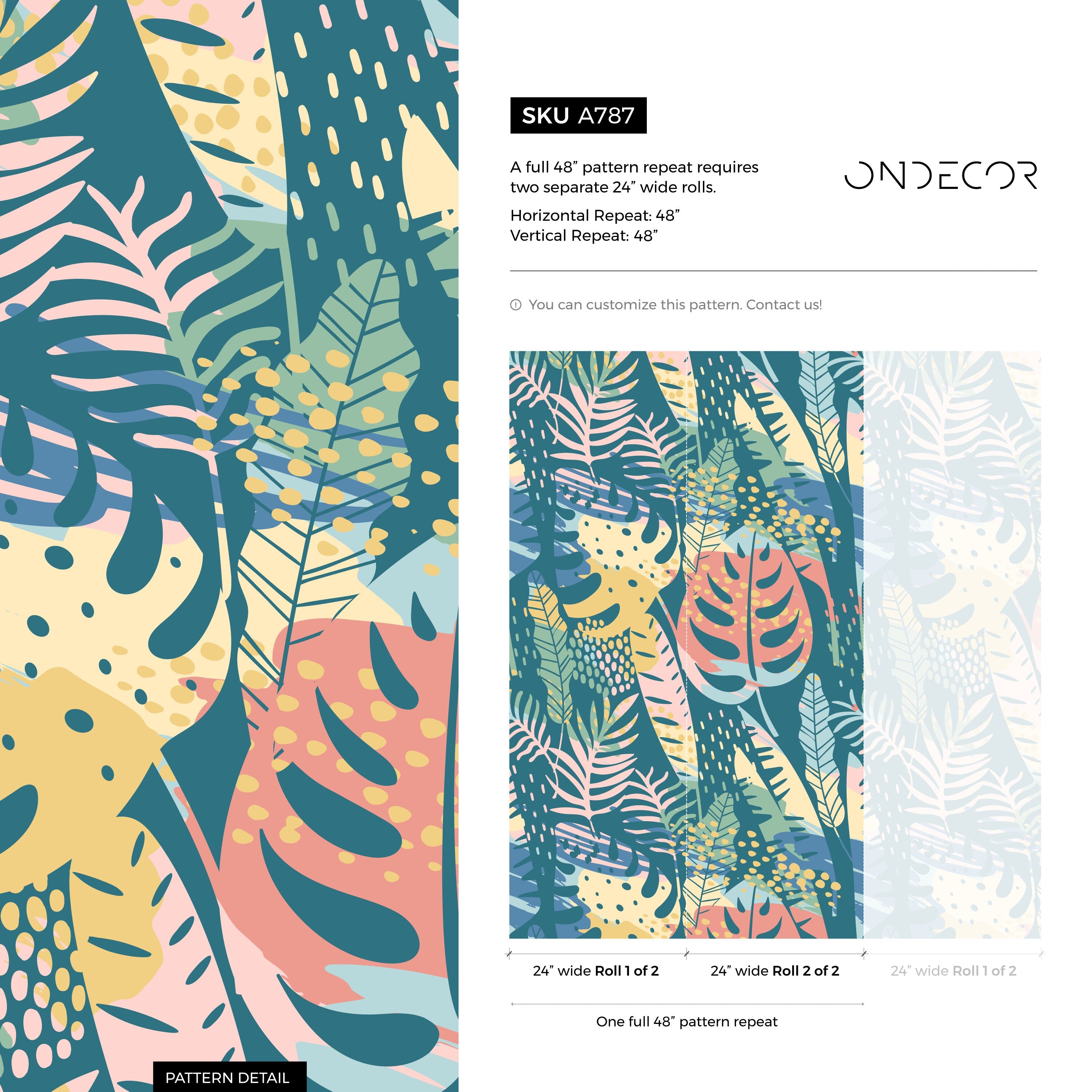 Botanical Wallpaper With Abstract Tropical Leaves In Teal, Pink, And Yellow - A787