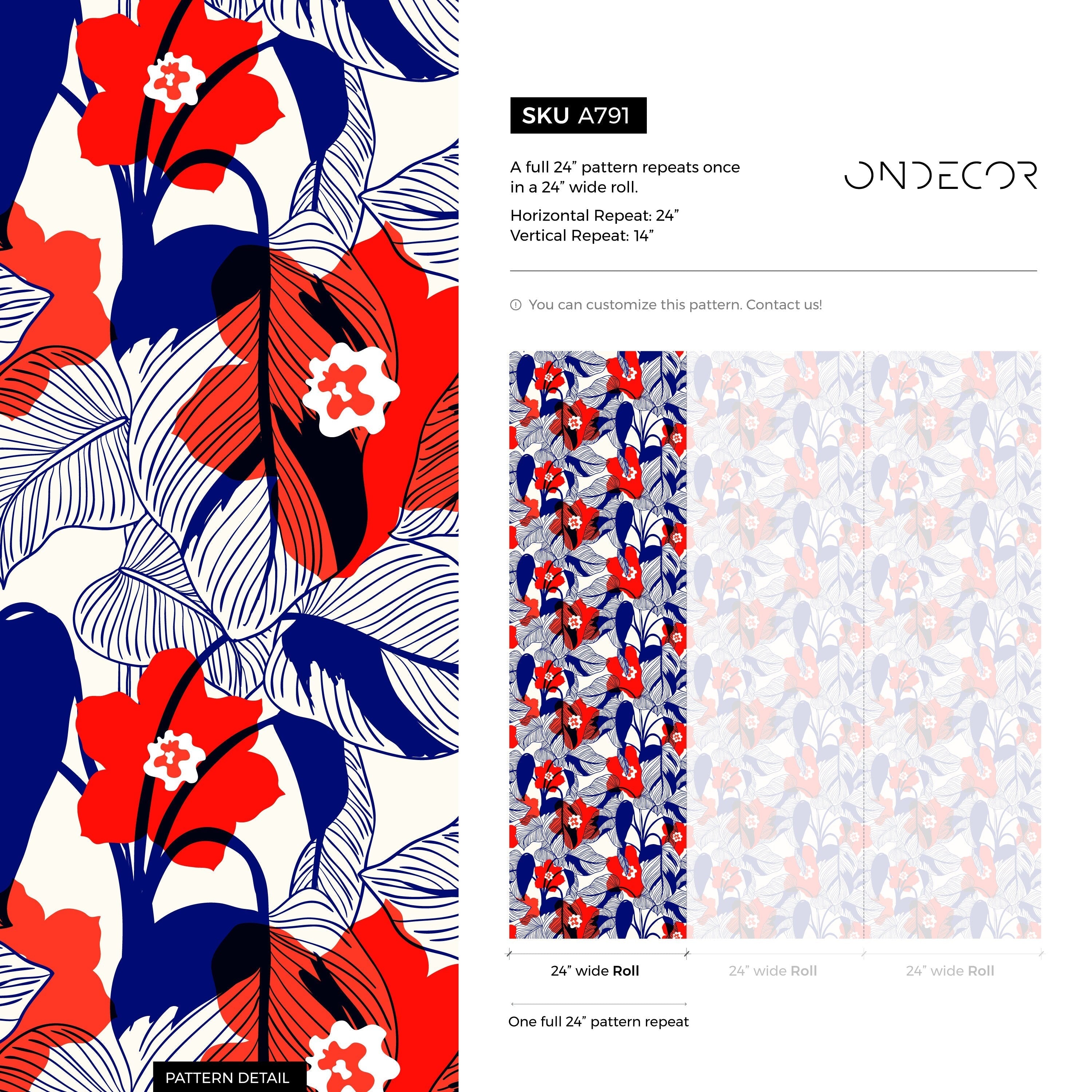Floral Wallpaper Featuring Stylized Blooms In Red And Blue - A791