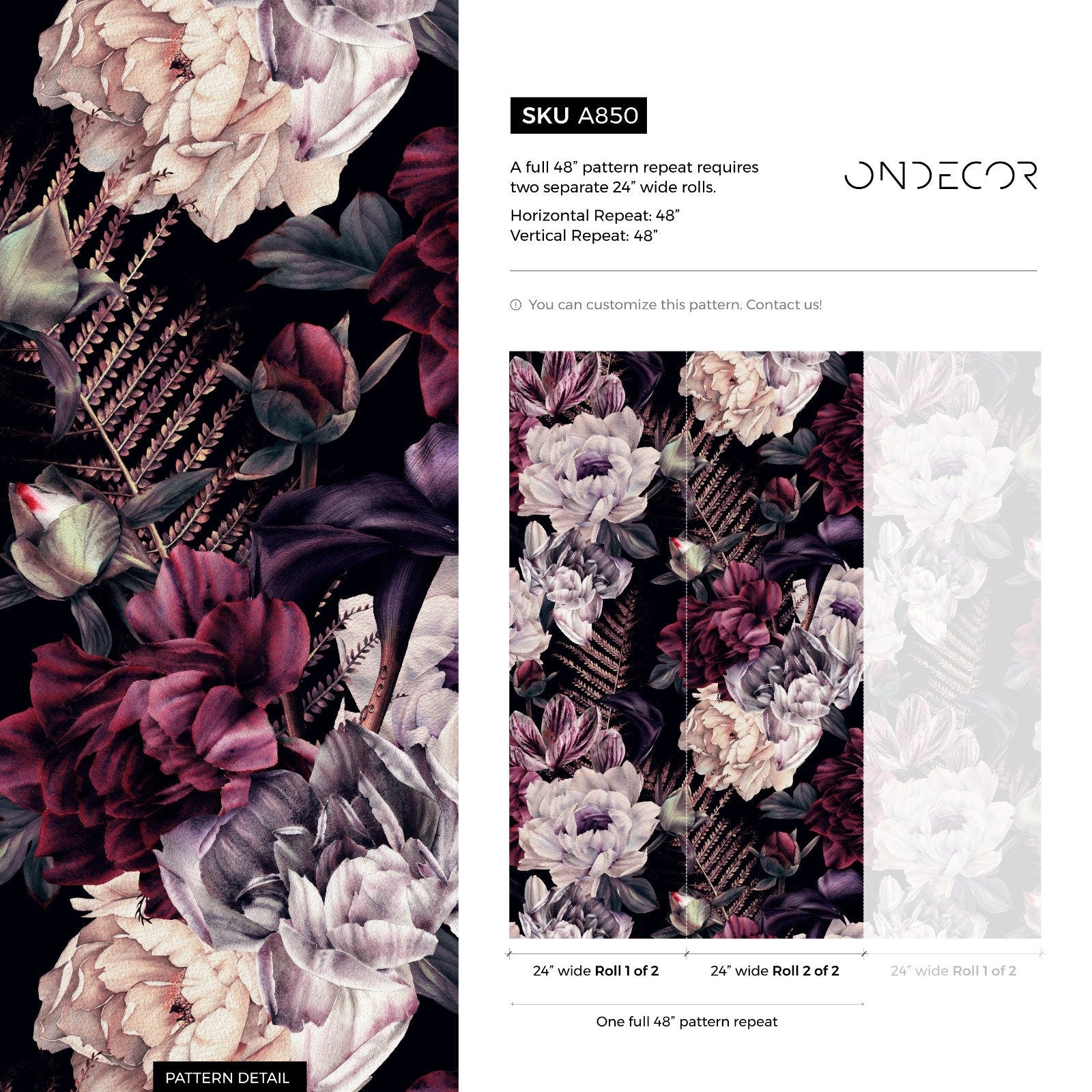 Floral Wallpaper Featuring Lush Dark Peonies In Burgundy And Lavender - A850