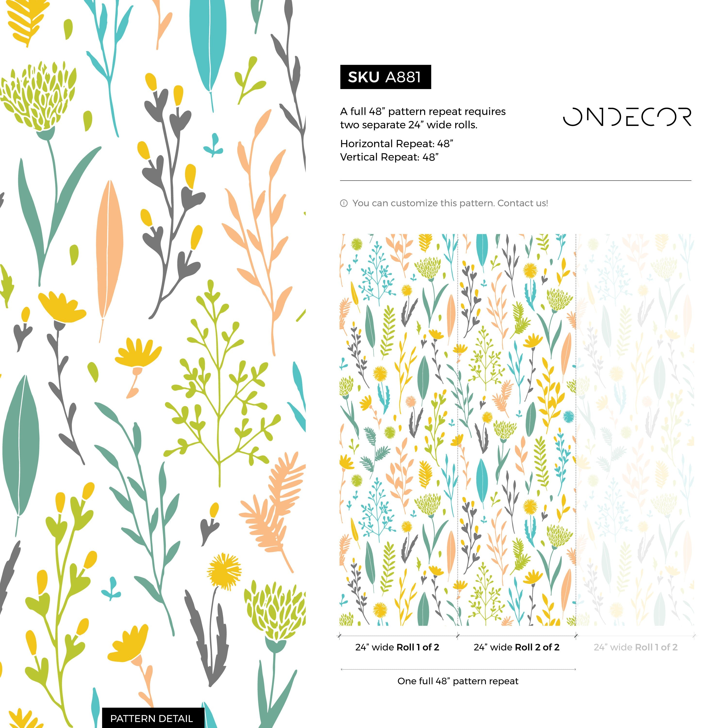 Botanical Wallpaper With A Wildflower Motif In Yellow, Teal, And Green - A881