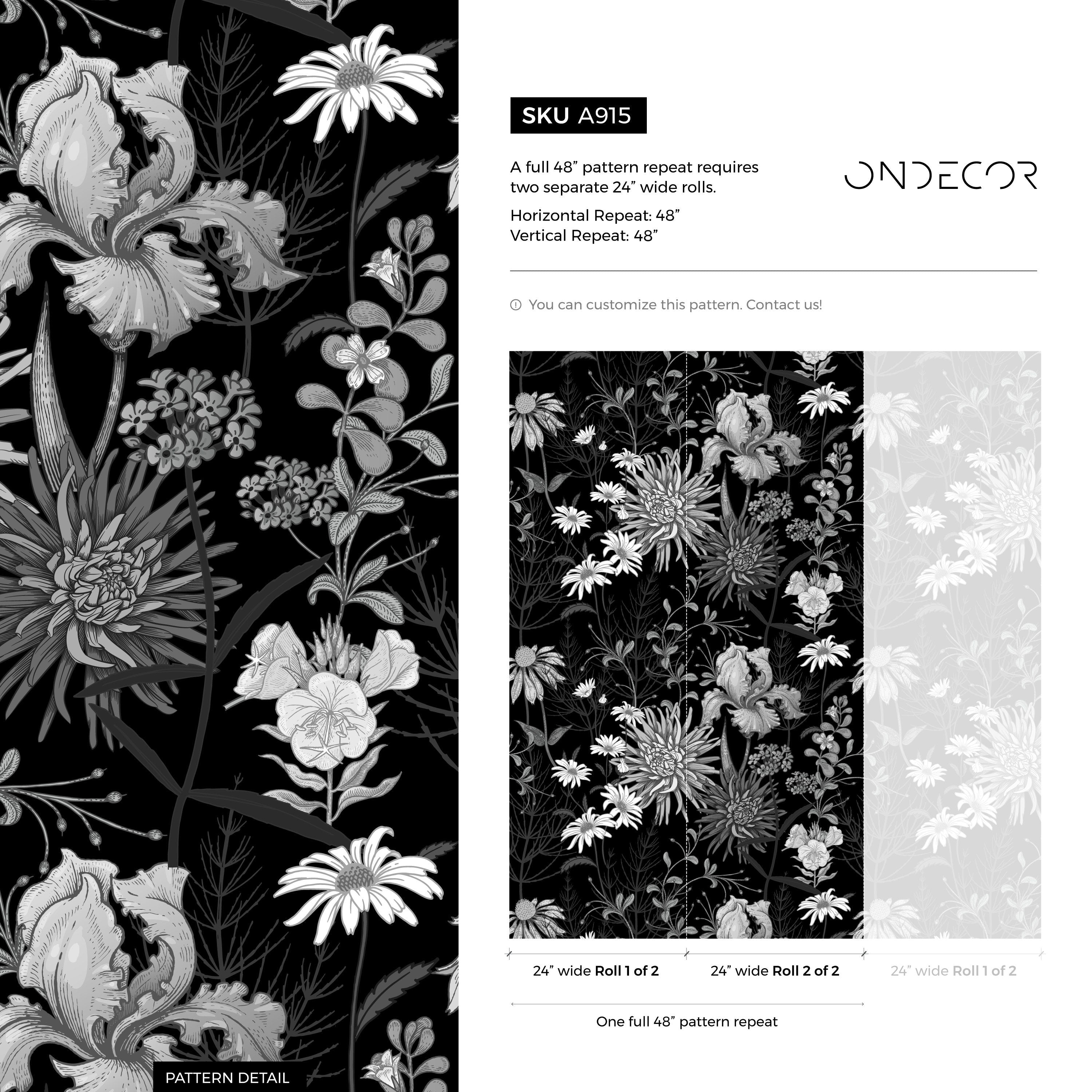 Floral Wallpaper With A Vintage Botanical Meadow In Black And White - A915