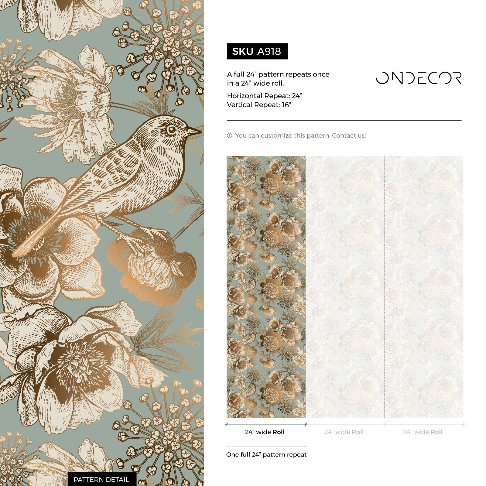 Vintage Wallpaper With Sketched Flowers And Birds In Mint, Gold, And Ivory - A918