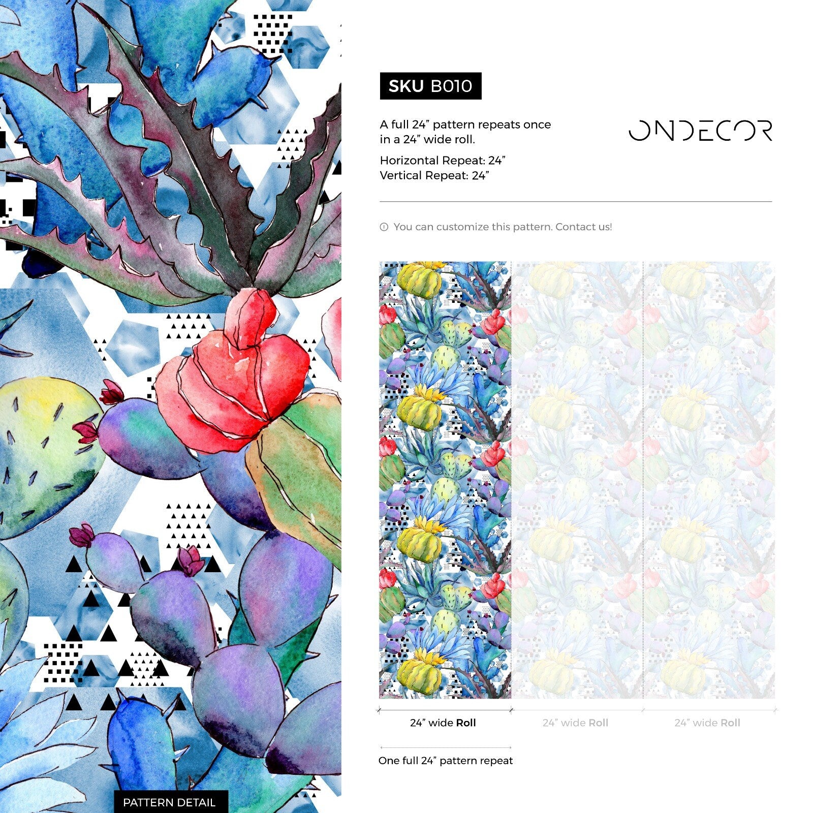 Abstract Botanical Wallpaper With Watercolor Cacti In Blue, Green, And Red - B010