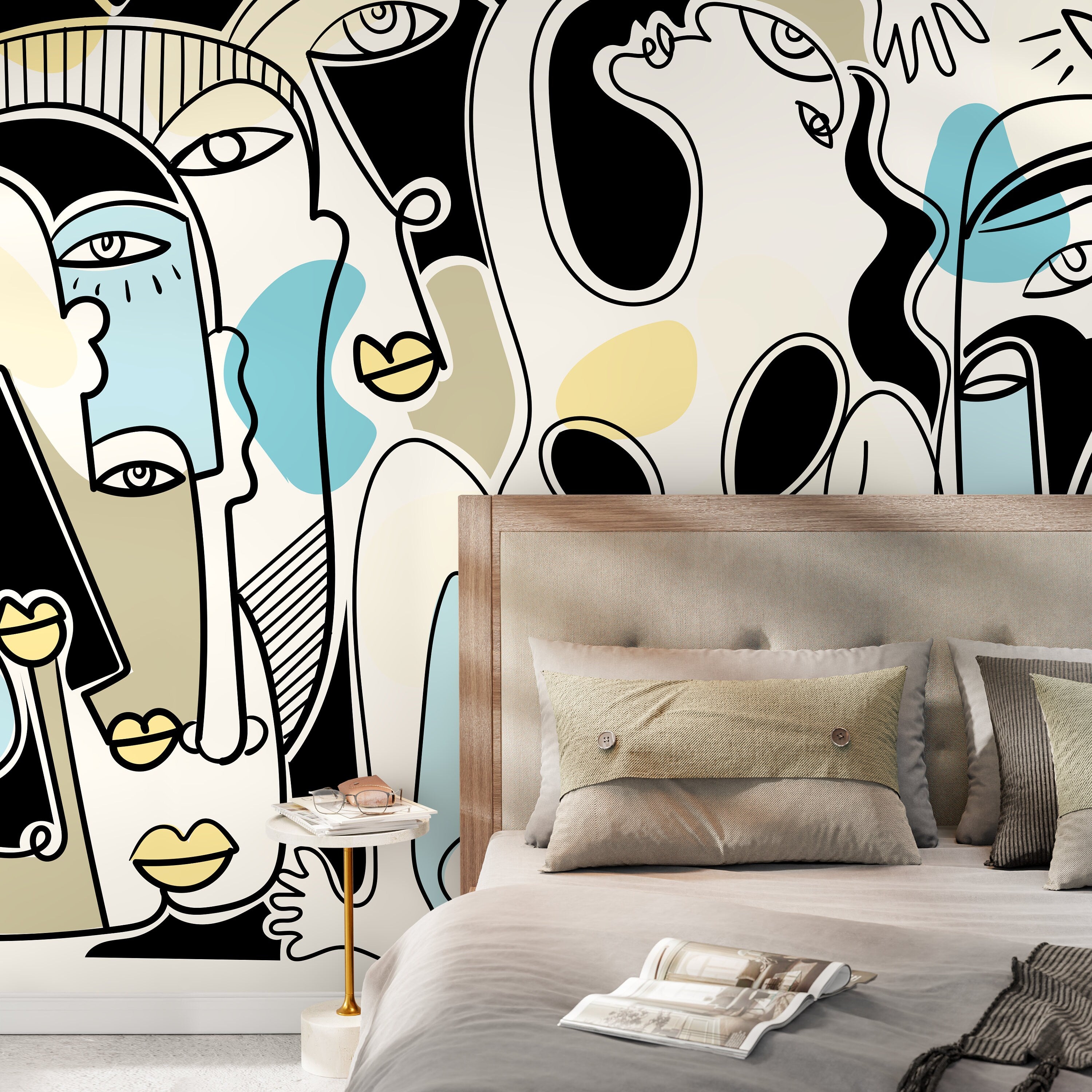 Abstract Wallpaper With A Modern Face Collage In Black, Blue, And Yellow - D591