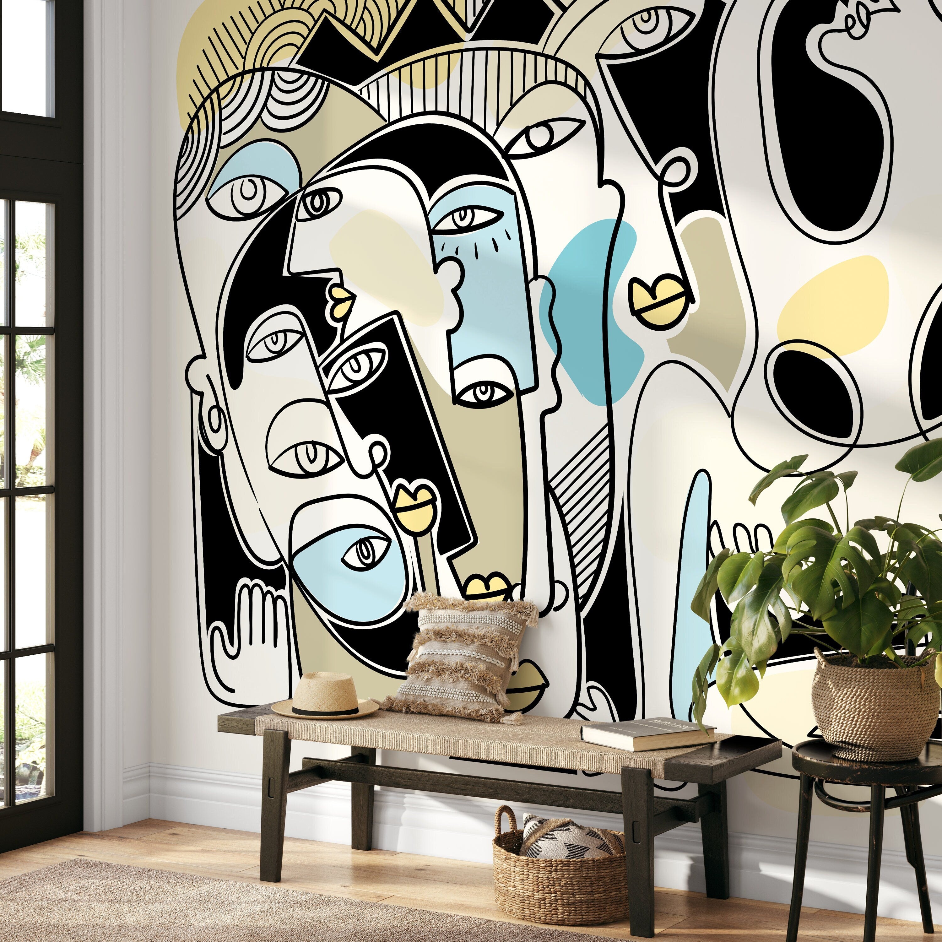 Abstract Wallpaper With A Modern Face Collage In Black, Blue, And Yellow - D591