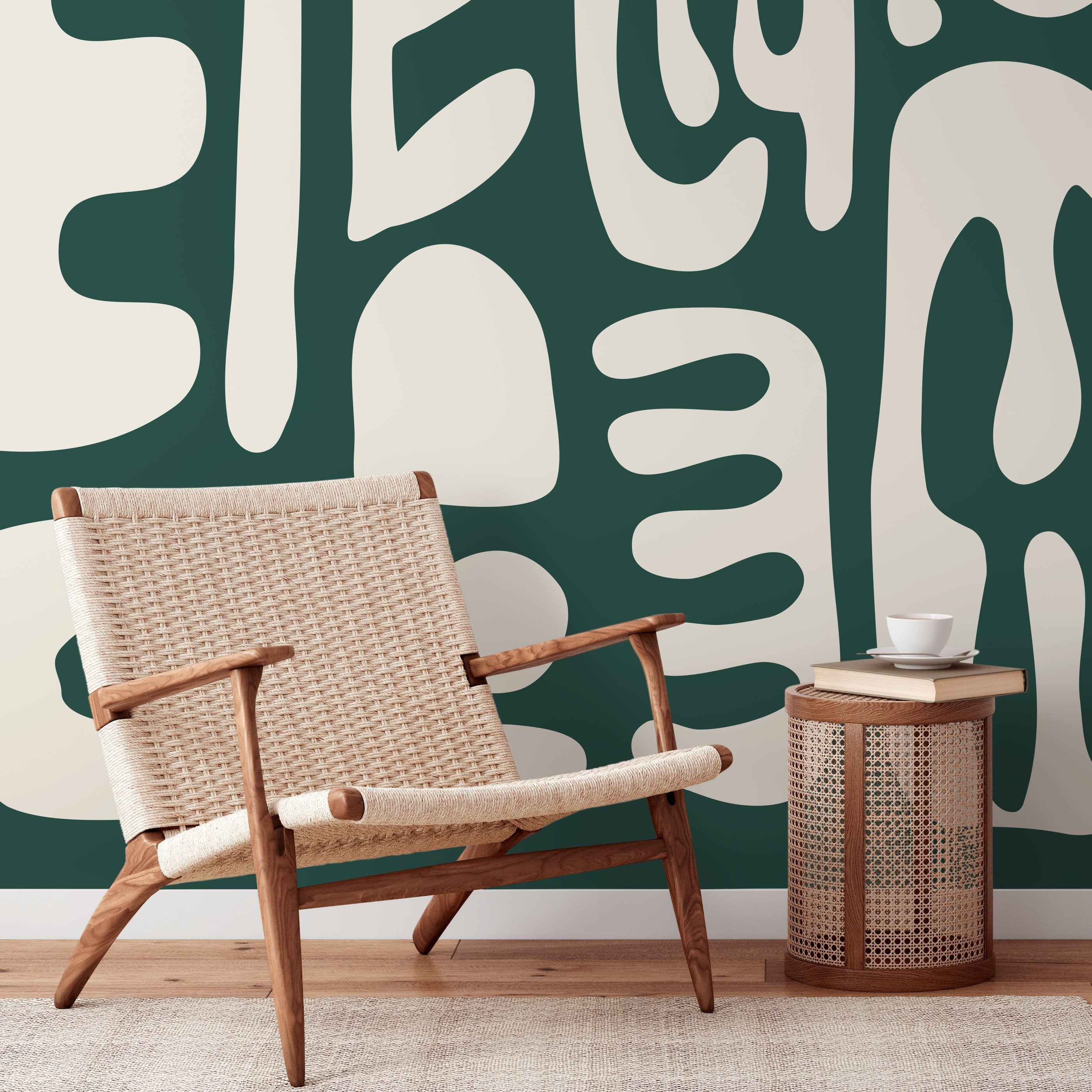 Abstract Wallpaper Featuring Large Fluid Forms In Green And White - D592