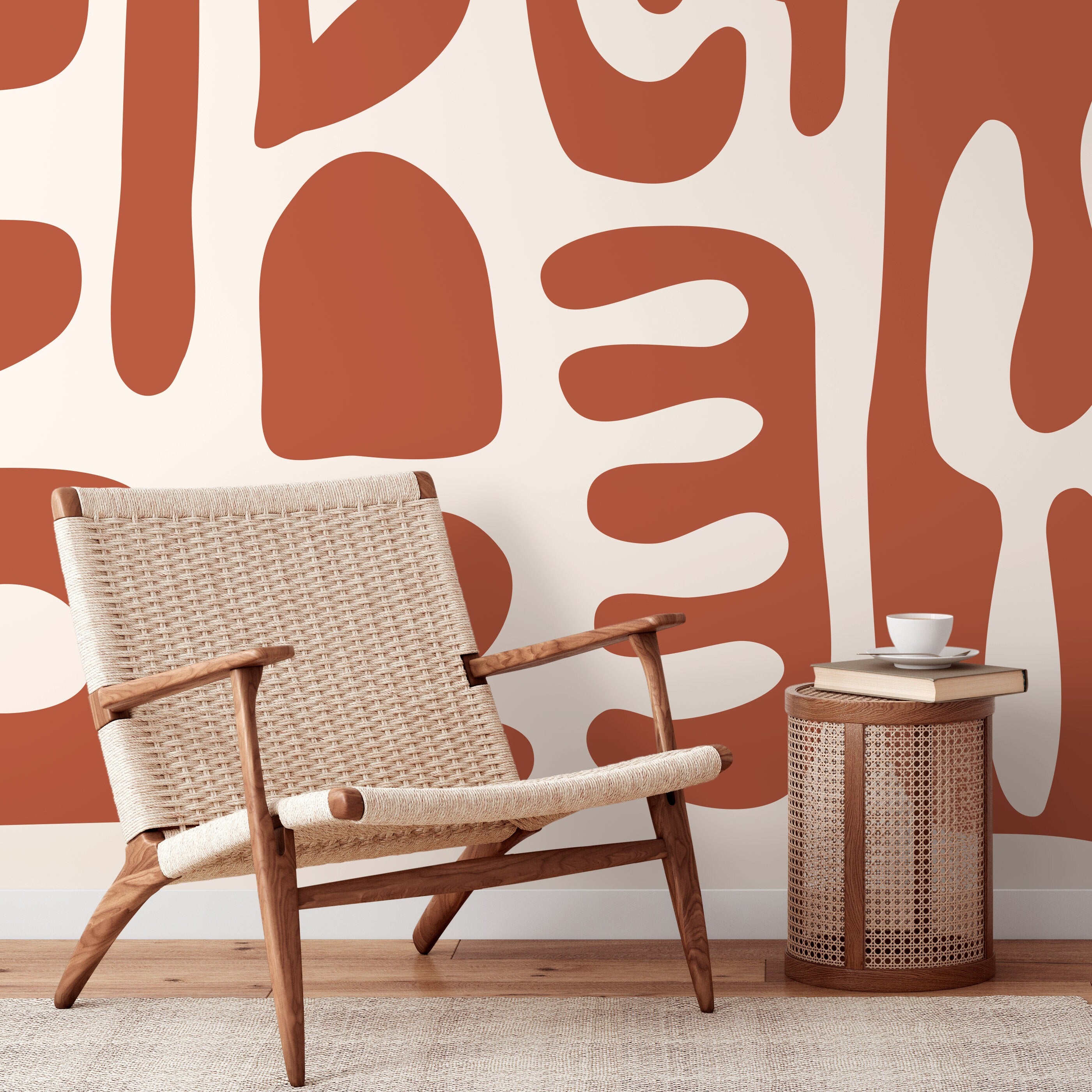 Abstract Wallpaper With Bold Organic Shapes In Terracotta And Cream - D595