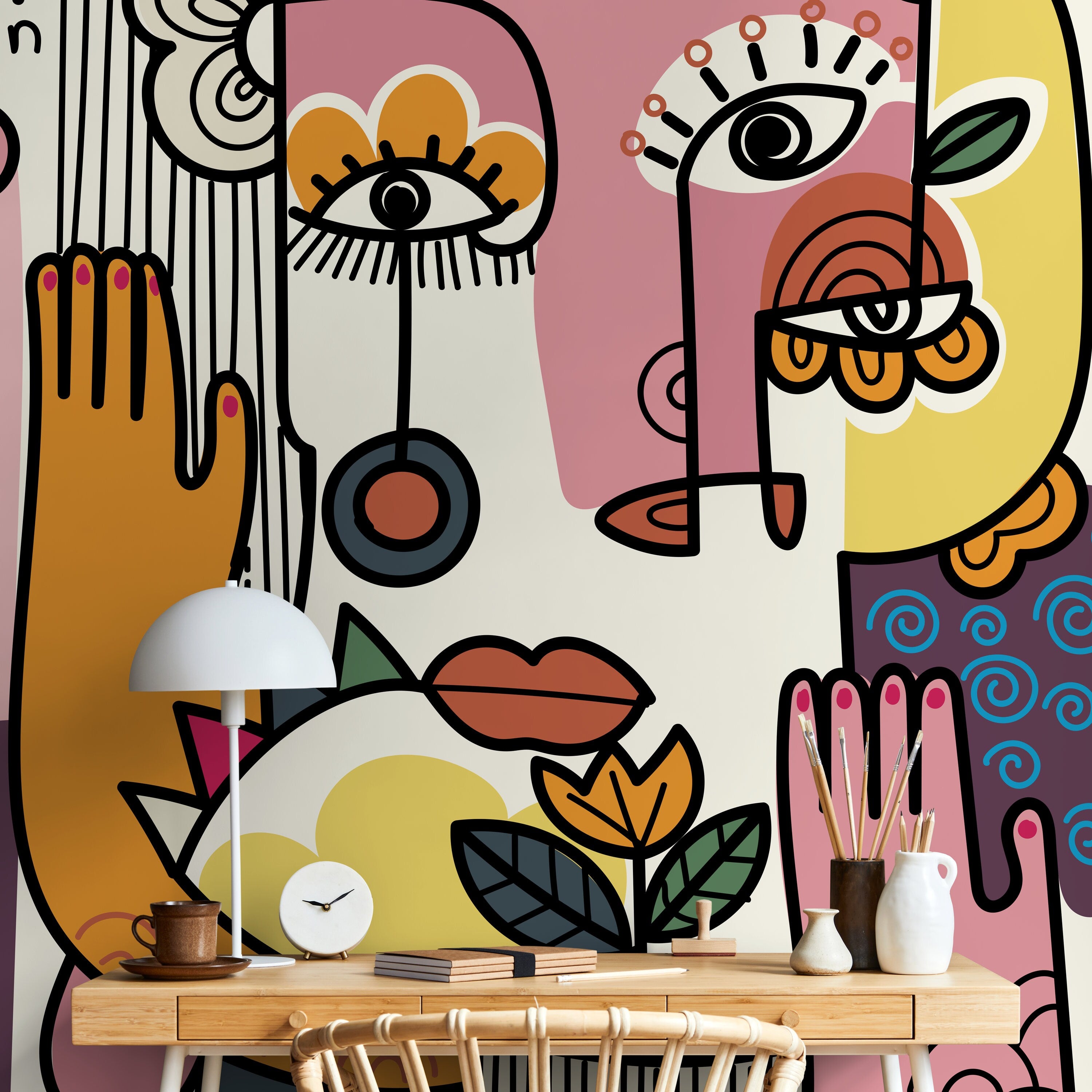 Abstract Wallpaper With A Cubist Face Collage In Pink, Orange, And Yellow - D597