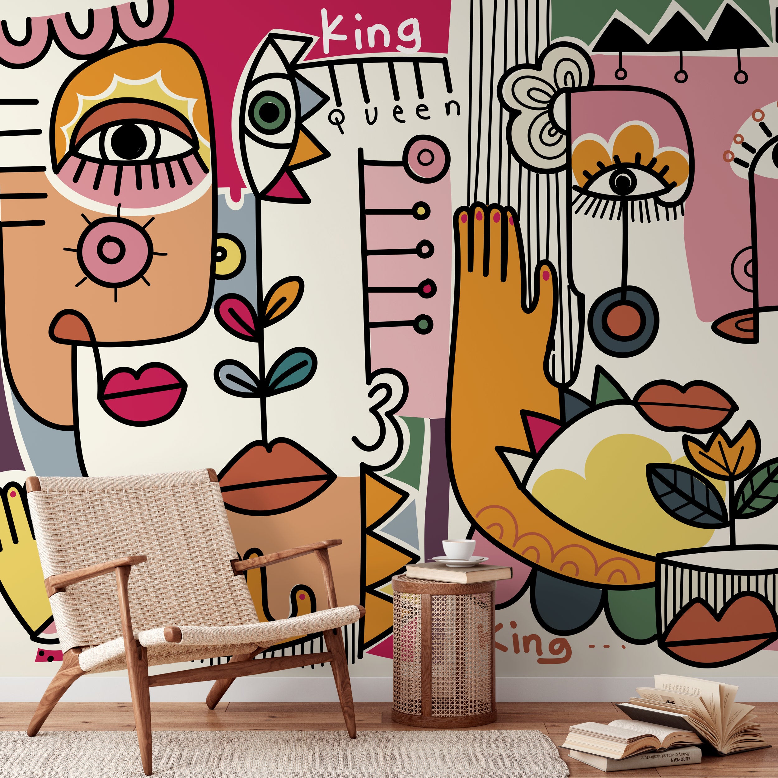 Abstract Wallpaper With A Cubist Face Collage In Pink, Orange, And Yellow - D597