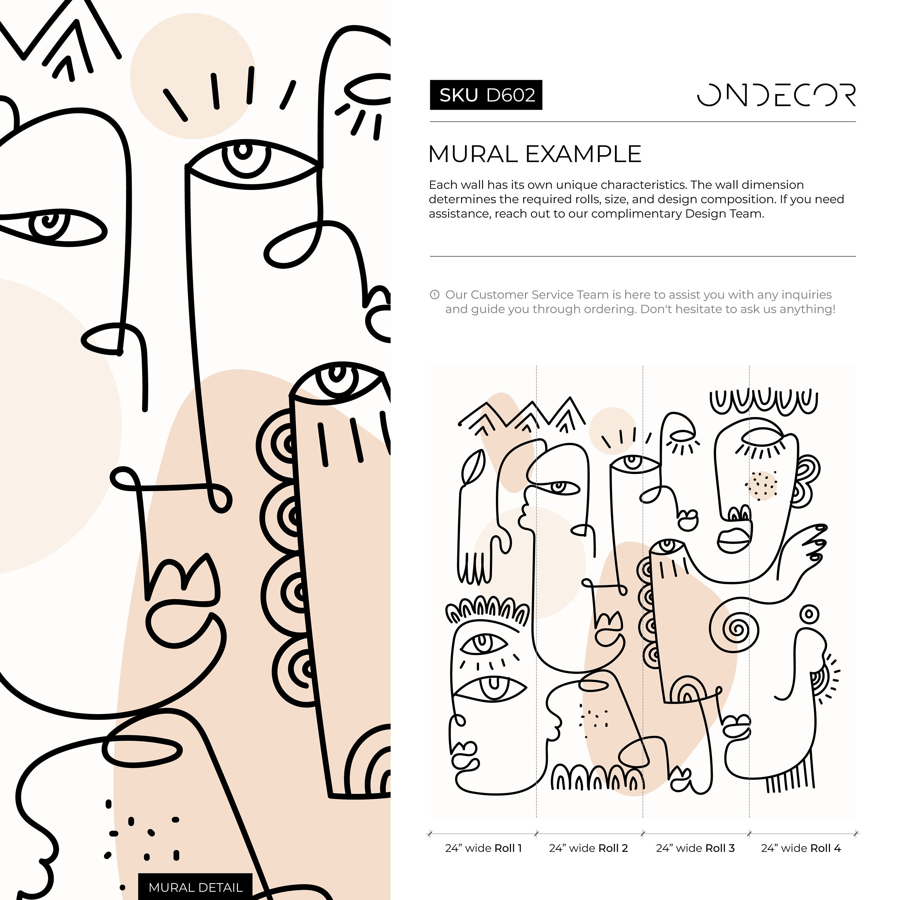 Abstract Wallpaper With Line Art Faces In Black And Beige - D602