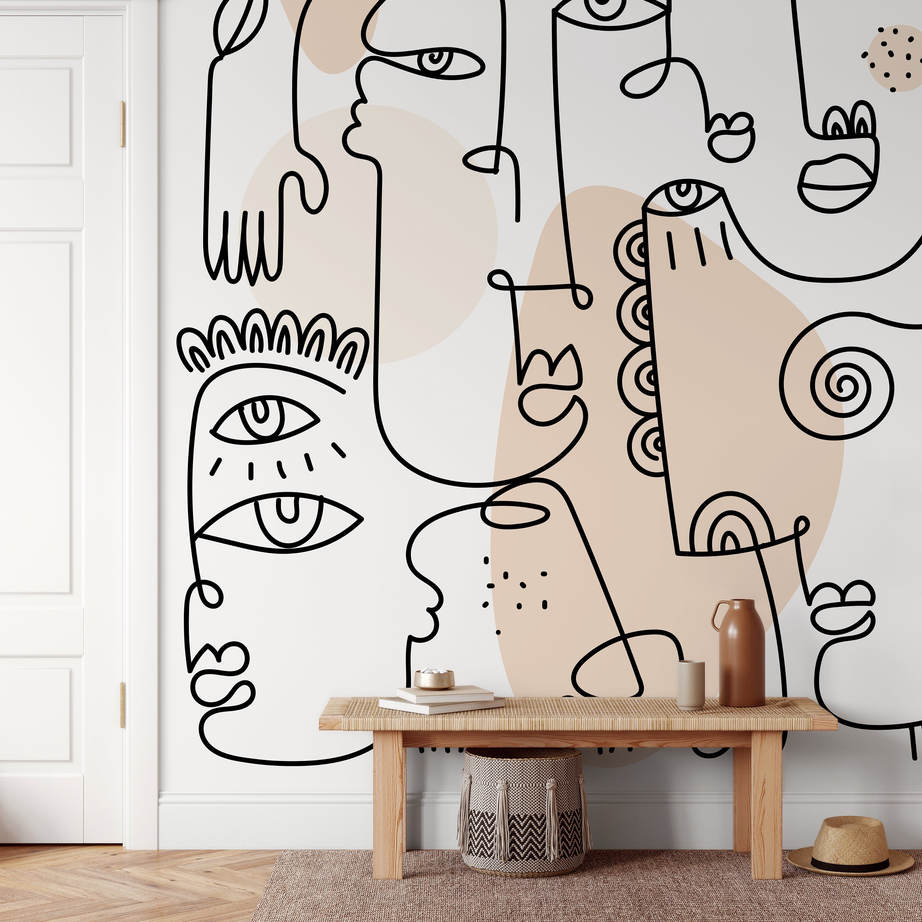 Abstract Wallpaper With Line Art Faces In Black And Beige - D602
