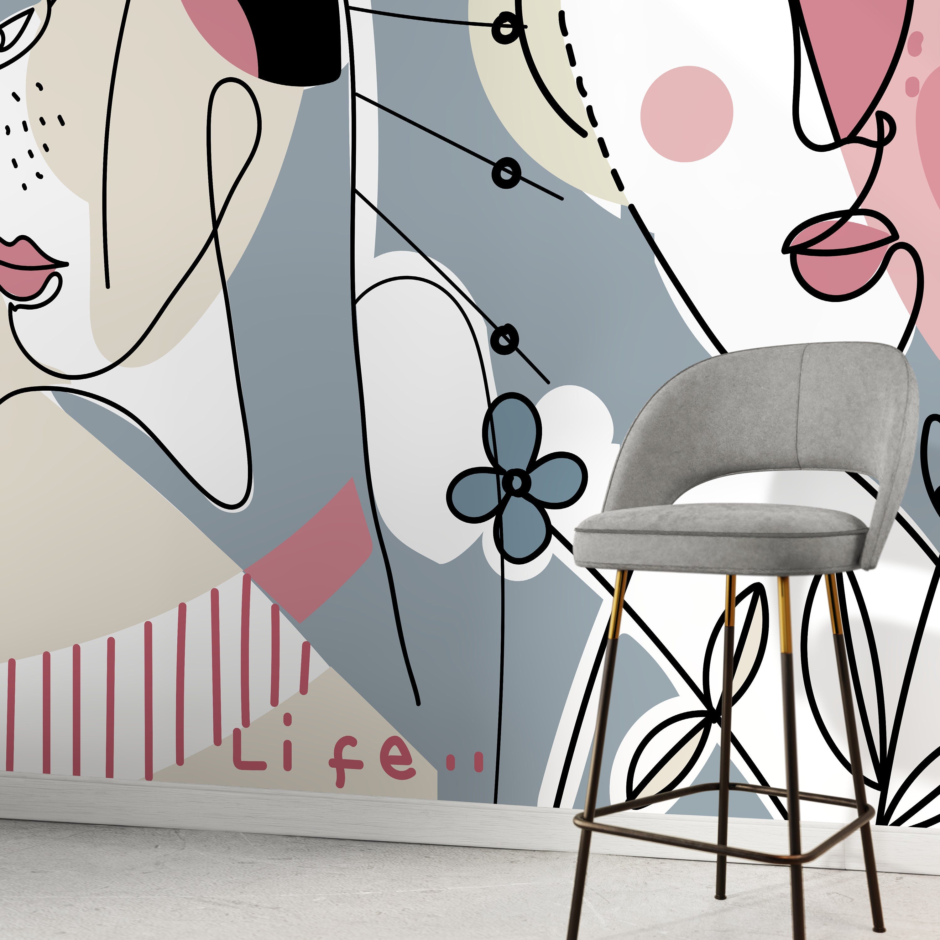 Abstract Wallpaper With Surreal Line Art Faces In Pink, Blue, And Beige - D603