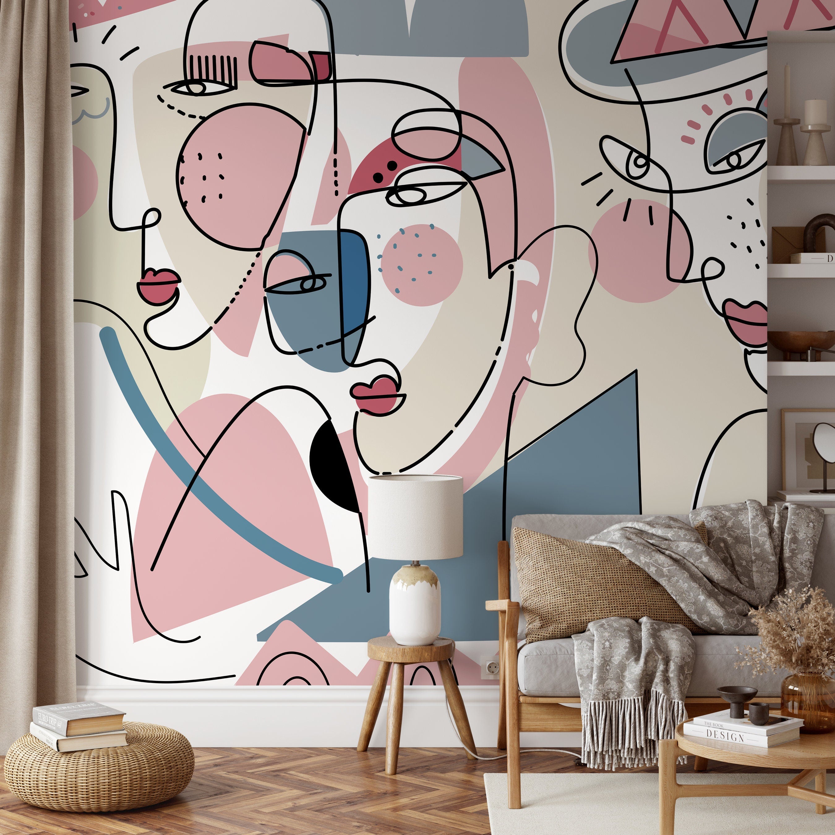 Abstract Wallpaper With Surreal Line Art Faces In Pink, Blue, And Beige - D603