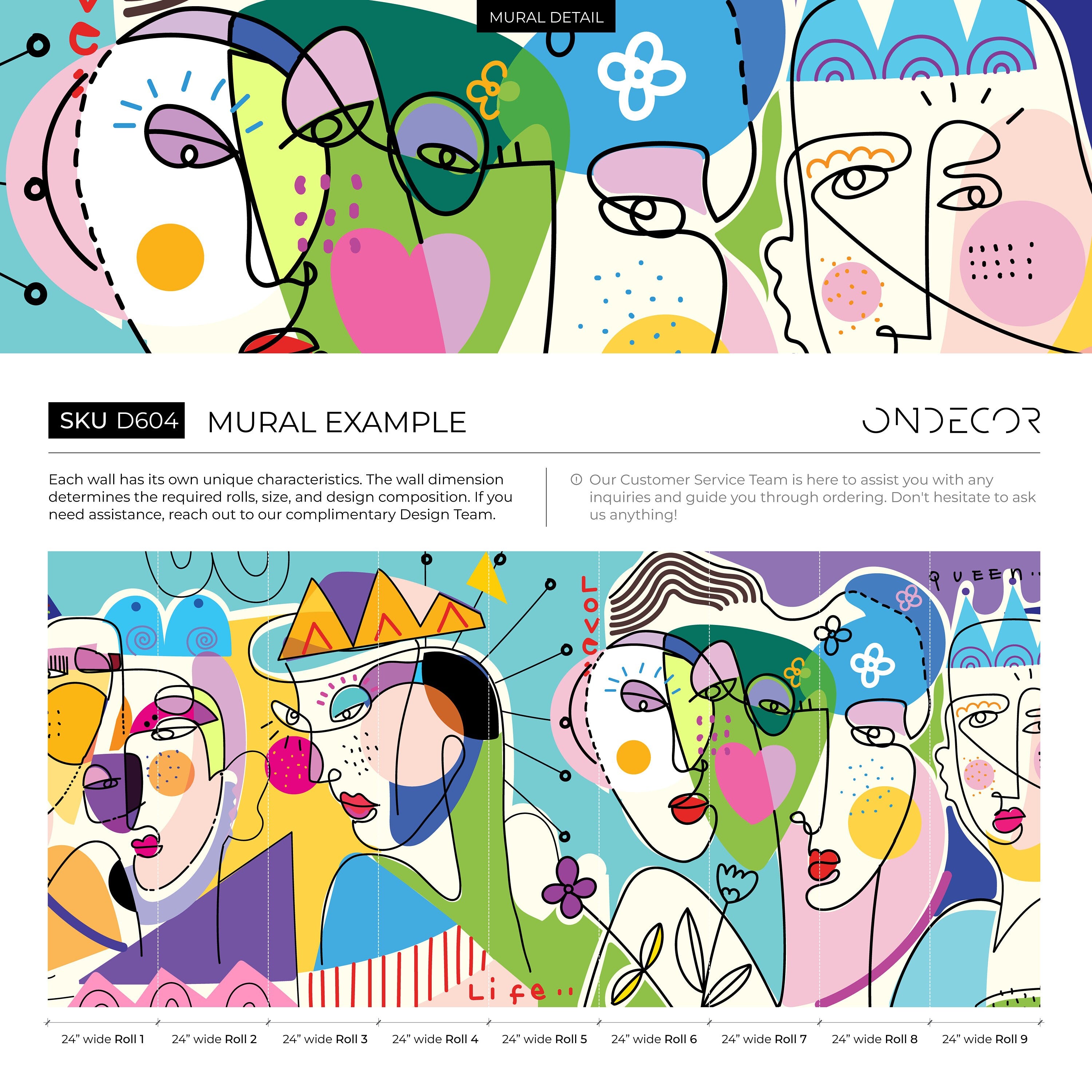 Abstract Wallpaper With Colorful Line Art Faces In Yellow, Blue, And Green - D604