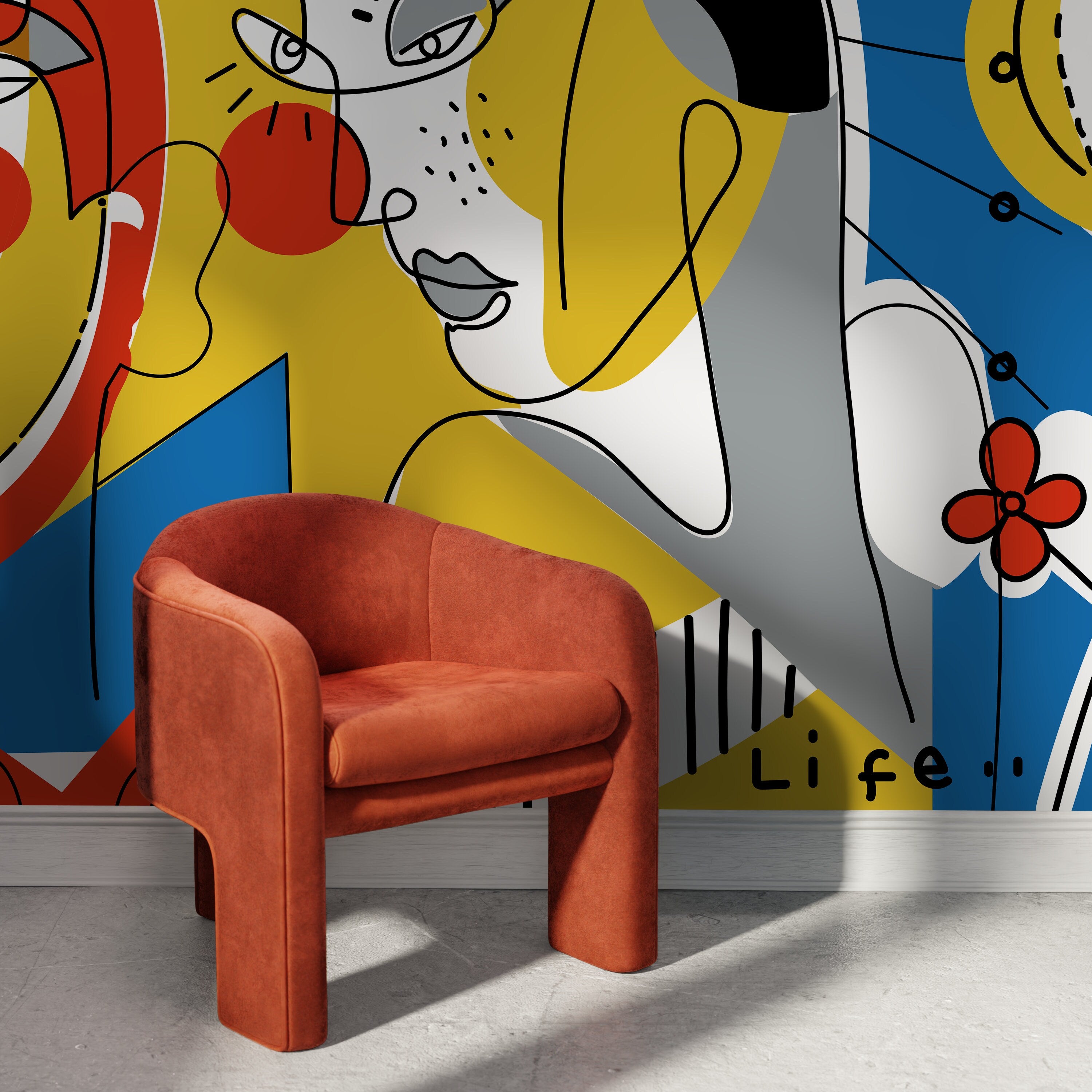 Abstract Wallpaper With Cubist Faces In Blue, Yellow, And Red - D605