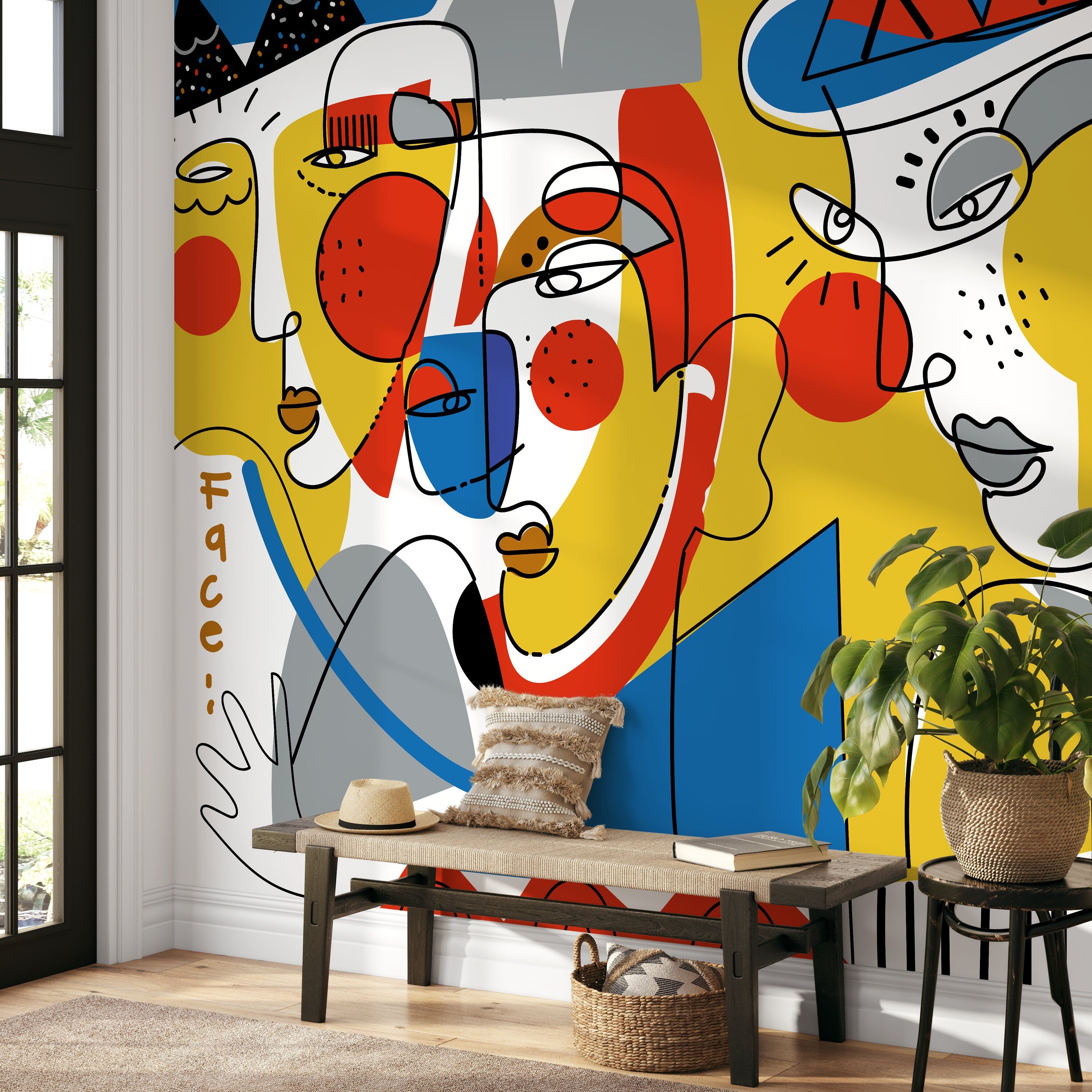 Abstract Wallpaper With Cubist Faces In Blue, Yellow, And Red - D605