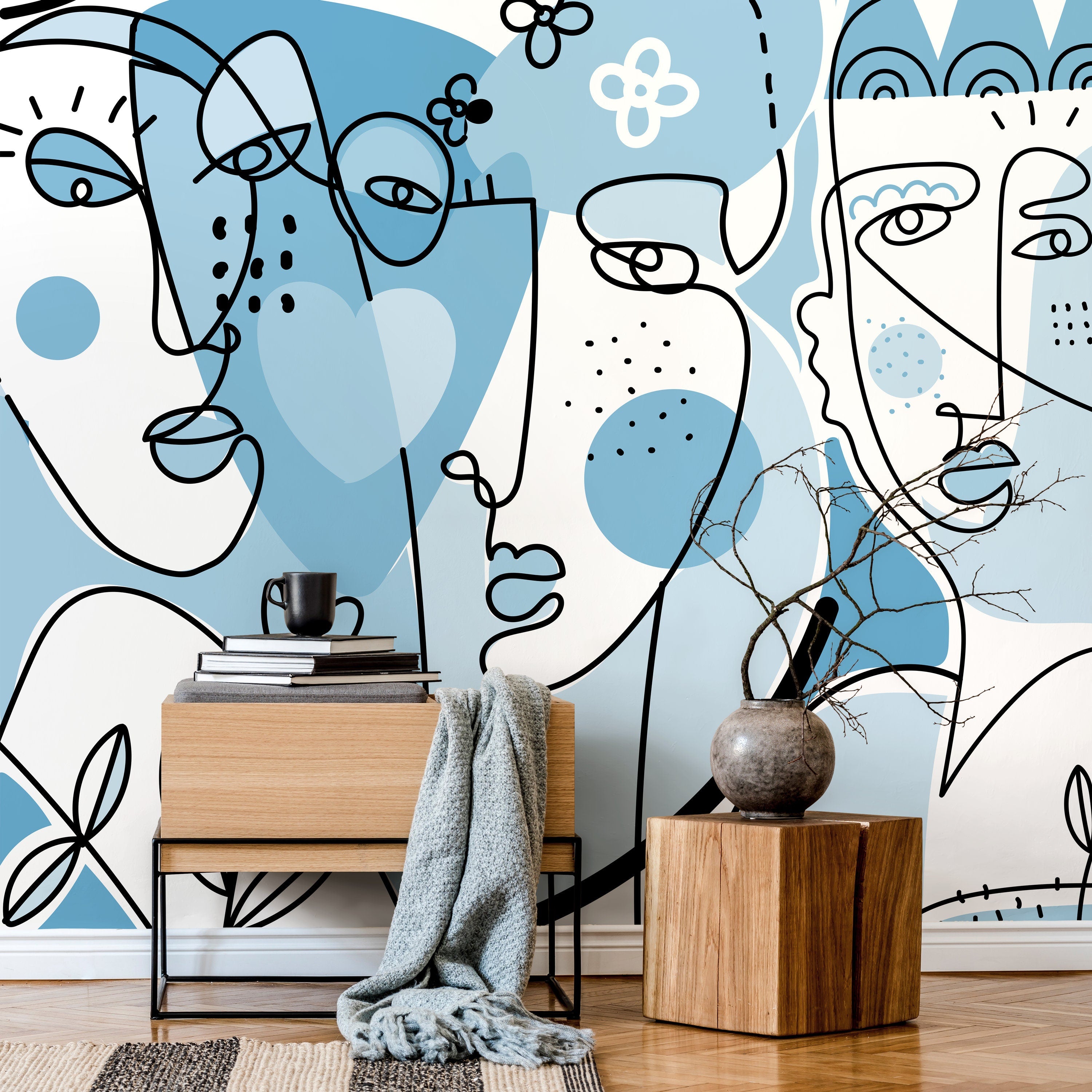 Abstract Wallpaper Featuring Modern Line Art Faces In Light Blue And Black - D606