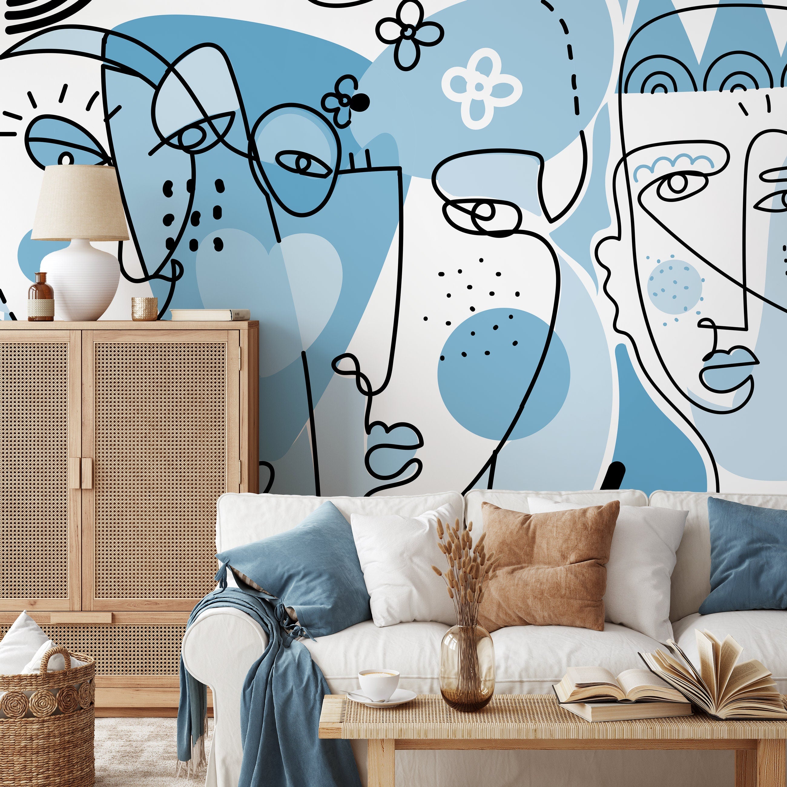 Abstract Wallpaper Featuring Modern Line Art Faces In Light Blue And Black - D606