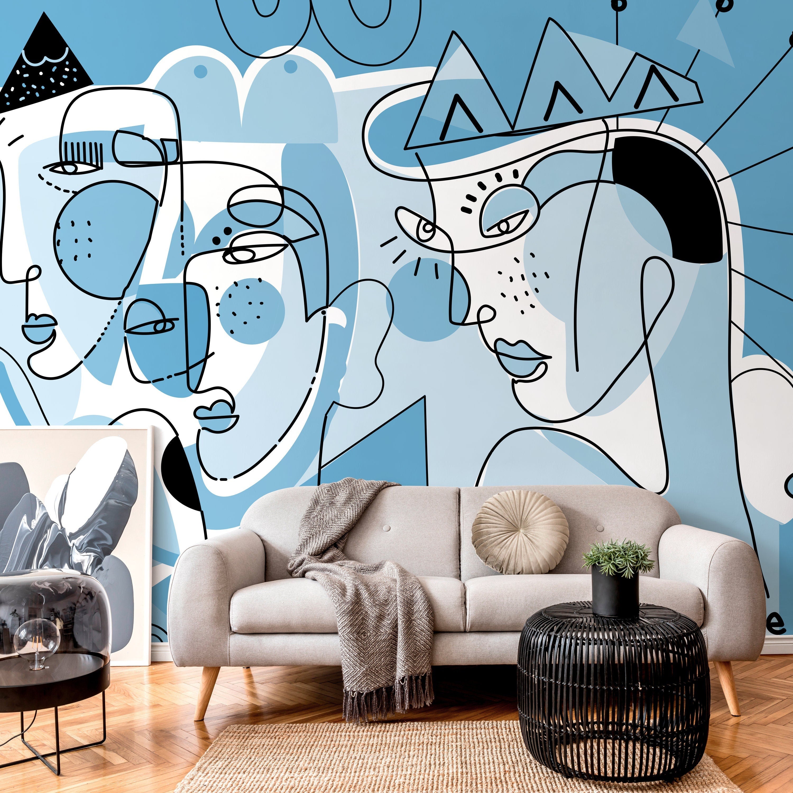 Abstract Wallpaper Featuring Modern Line Art Faces In Light Blue And Black - D606