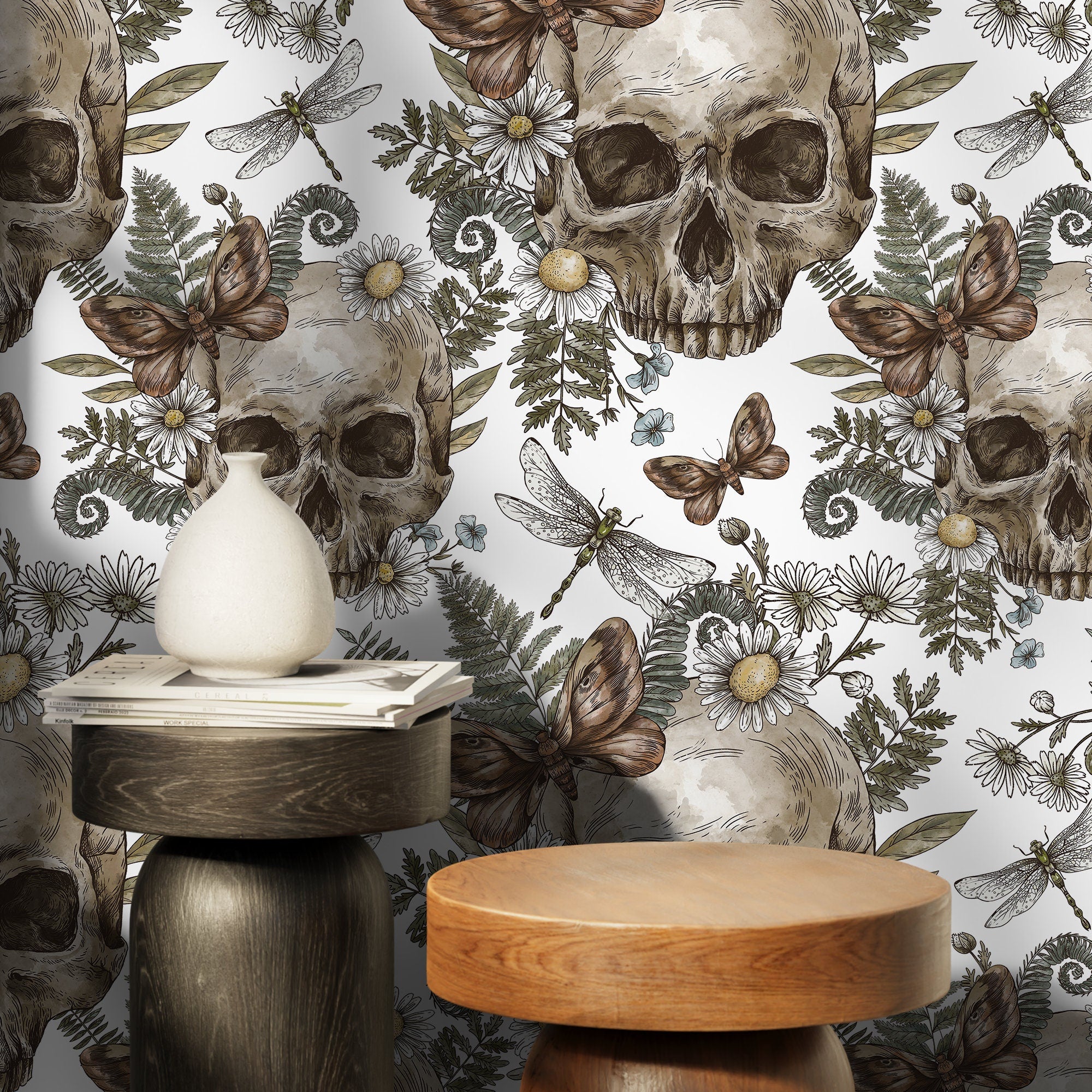 Gothic Wallpaper With Skulls, Ferns, And Daisies In Brown And Green - D828