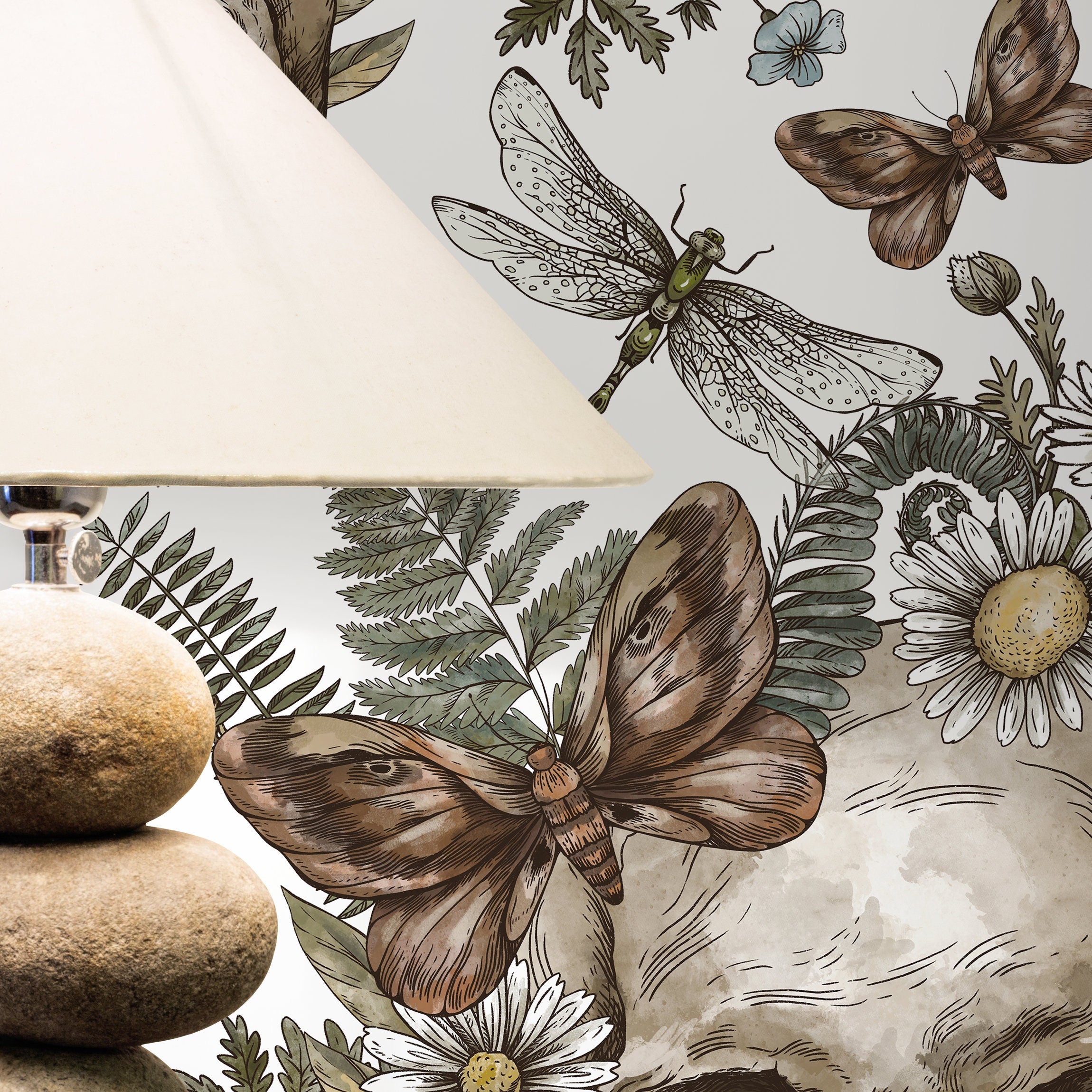 Gothic Wallpaper With Skulls, Ferns, And Daisies In Brown And Green - D828