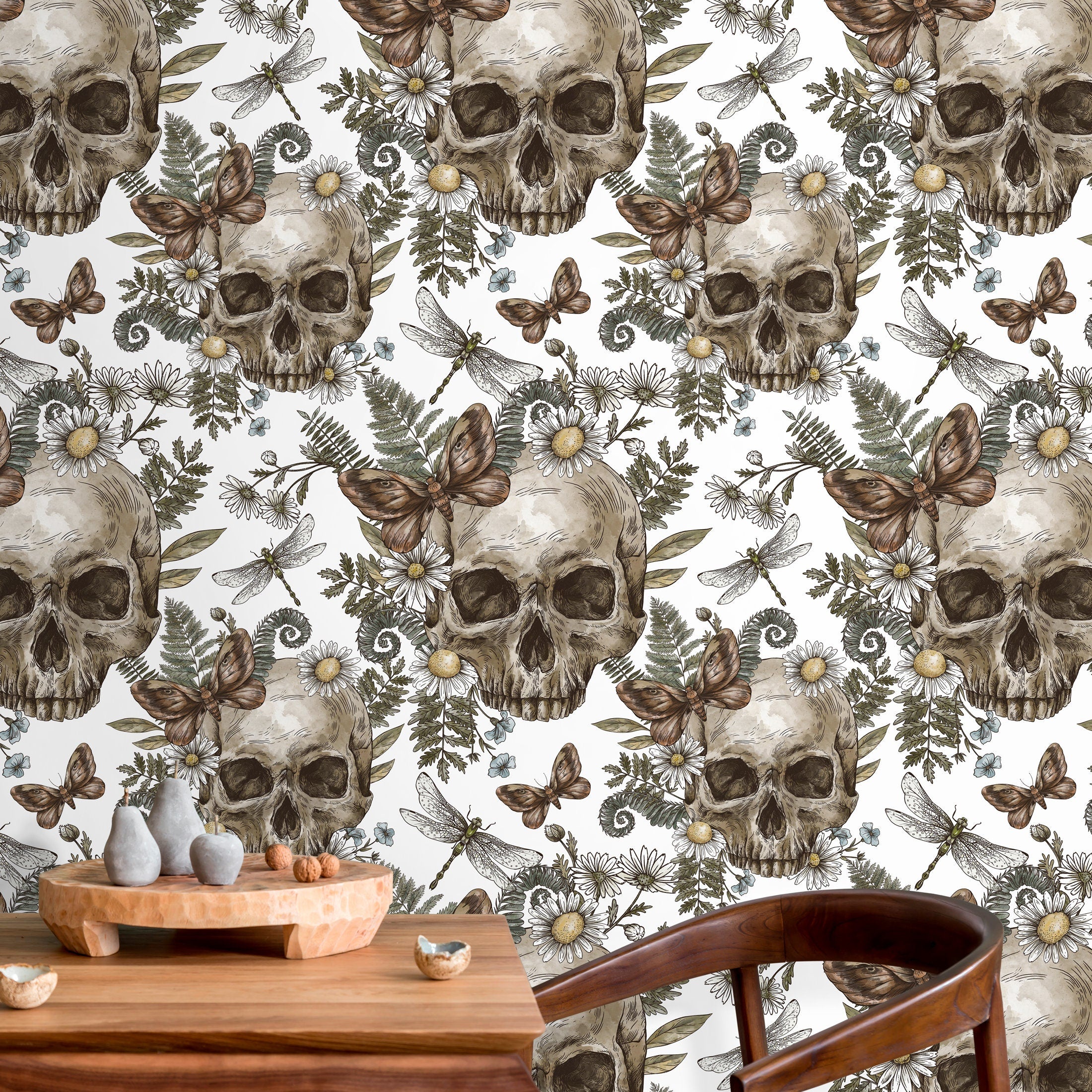 Gothic Wallpaper With Skulls, Ferns, And Daisies In Brown And Green - D828