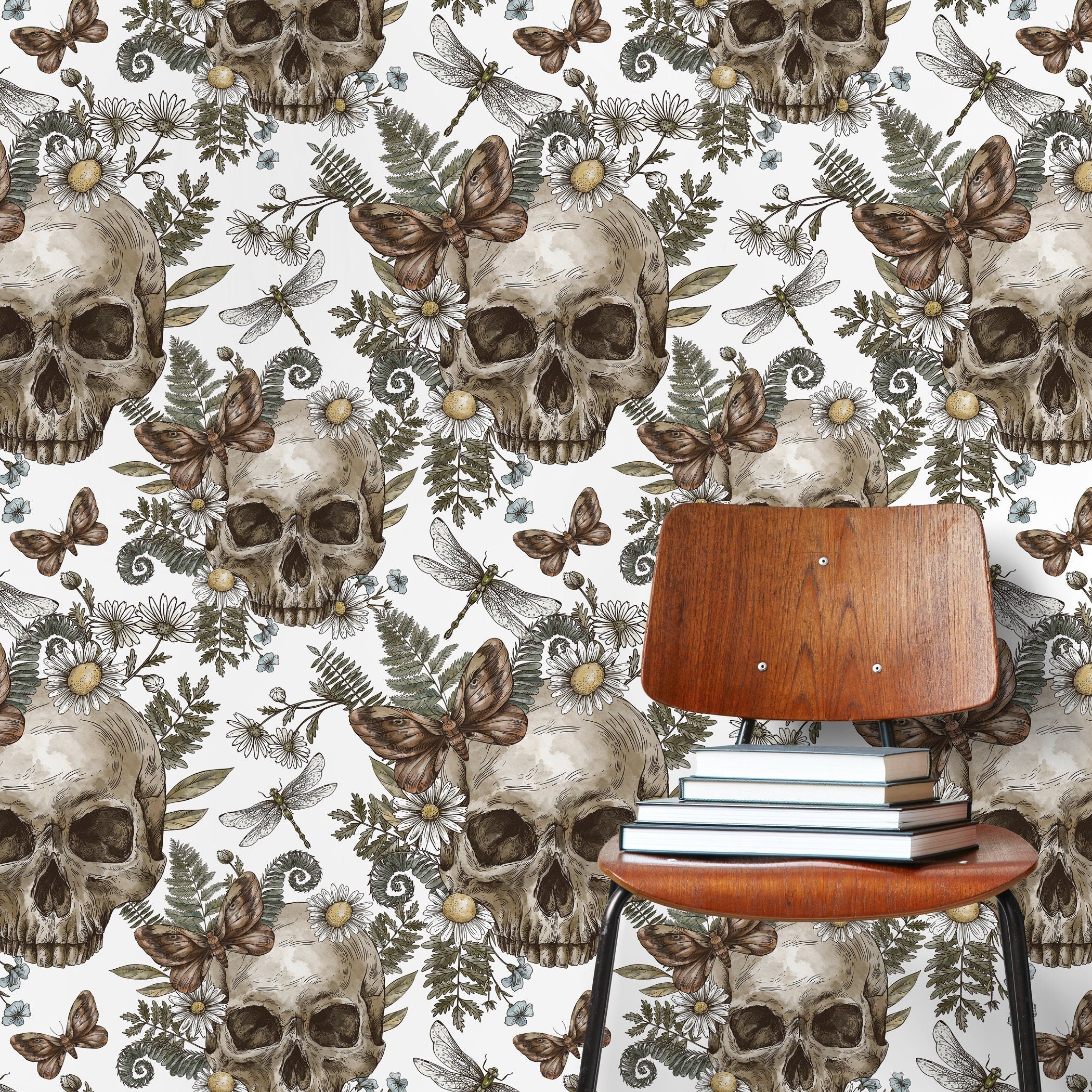 Gothic Wallpaper With Skulls, Ferns, And Daisies In Brown And Green - D828