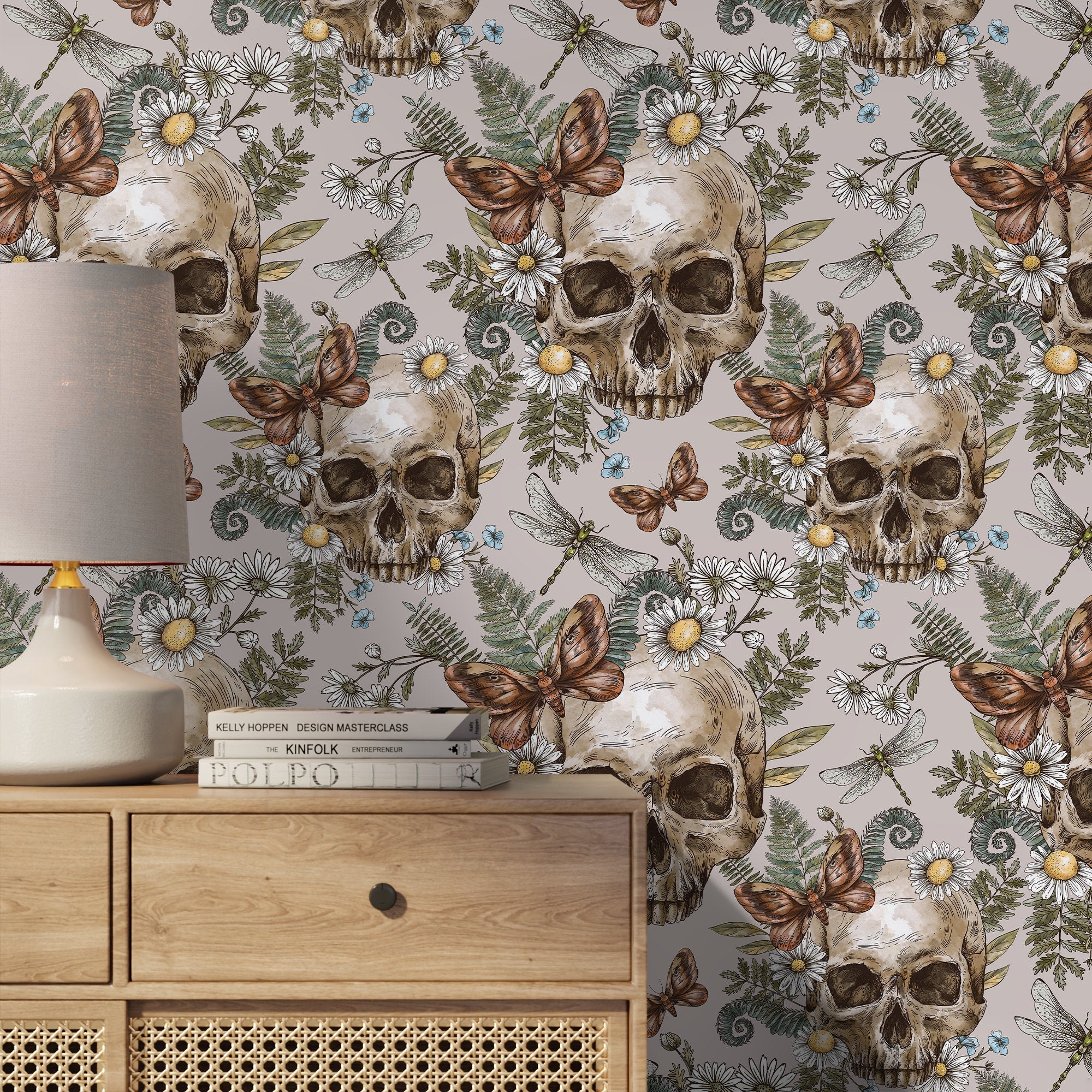 Gothic Wallpaper Featuring Skulls, Moths, And Ferns In Brown And Green - D830