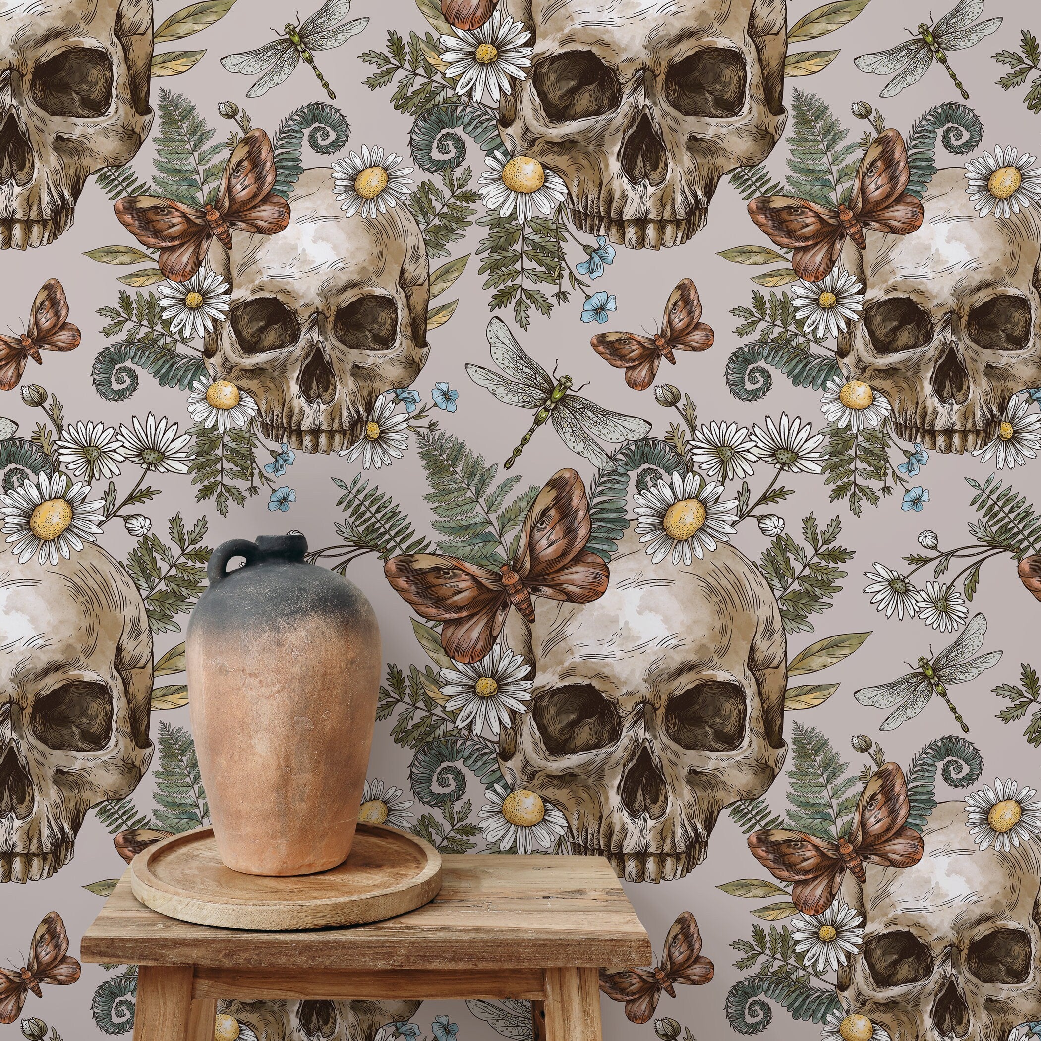 Gothic Wallpaper Featuring Skulls, Moths, And Ferns In Brown And Green - D830