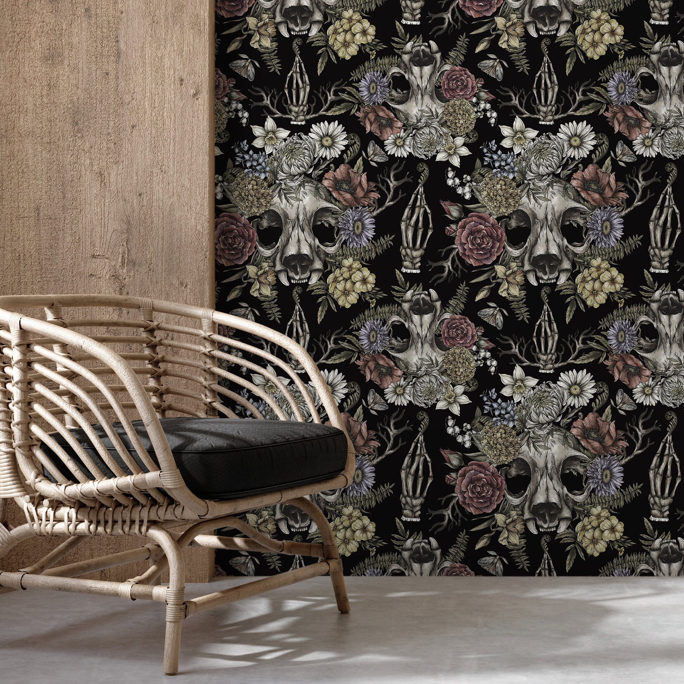 Gothic Wallpaper With Floral Skulls In Muted Rose, Yellow, And Purple - D832